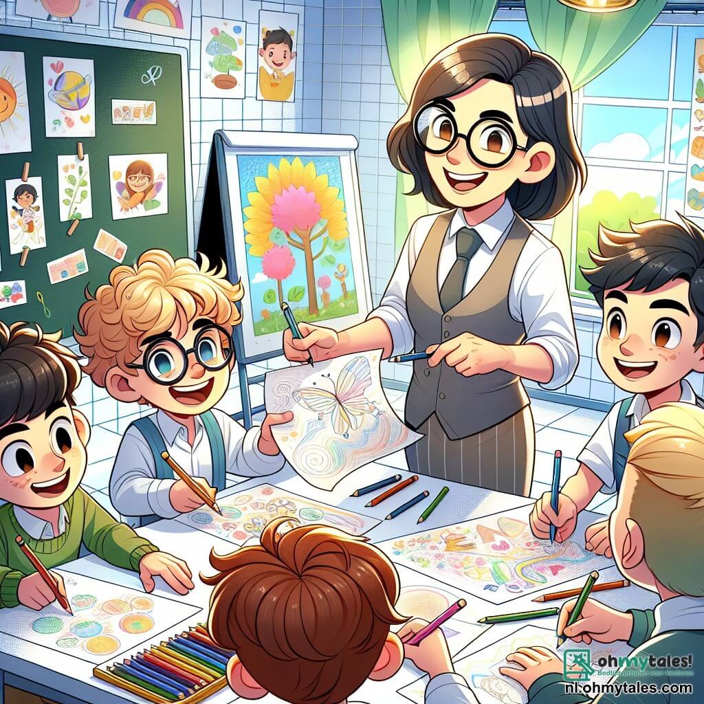 Illustratie van een heldere en kleurrijke klaslokaal, met muren versierd met kindertekeningen en educatieve posters. In het midden staat een groot schoolbord waarop de meester met een witte krijt schrijft. In de klas staan vier jongens van ongeveer 10 jaar rond een tafel. De eerste jongen, met bruin en krullend haar, glimlacht breed terwijl hij een gekleurde potlood vasthoudt. Naast hem leunt een jongen met een bril en kastanjebruin haar over een blad, geconcentreerd op zijn tekening. Een derde jongen, met blond en kort haar, toont trots een groot blad met een tekening van een vlinder. Ten slotte is de vierde jongen, met zwart en steil haar, bezig een grote boom met groene bladeren te tekenen. De hoofdscène toont de jongens die samen aan hun tekeningen werken, ideeën uitwisselend en lachend, terwijl de meester hen met een welwillende glimlach observeert. Papieren, kleurpotloden en stiften liggen verspreid over de tafel, wat een creatieve en vrolijke sfeer creëert. Zonnestralen filteren door de ramen en verlichten de scène met een warme gloed.