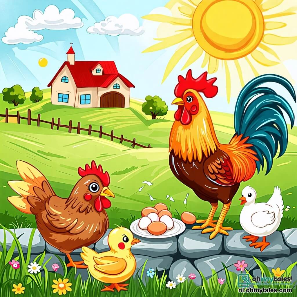 Une illustration sous forme de dessin destinée aux enfants représentant une charmante ferme ensoleillée avec des champs verdoyants en arrière-plan, où un coq aux plumes brillantes et colorées, avec une crête rouge vif, se tient fièrement sur un muret en pierre, en train de préparer un petit-déjeuner à base d'œufs, tandis qu'une petite poule brune aux yeux pétillants l'observe avec curiosité, et une canne grise à plumes blanches s'approche en se dandinant, impatiente de goûter aux délices, le tout baigné dans une atmosphère joyeuse et amicale.
