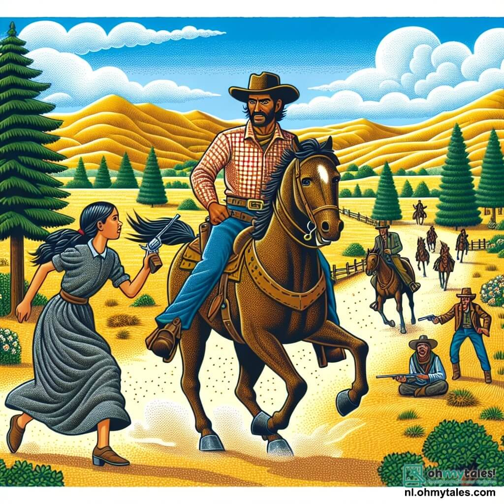 Une illustration sous forme de dessin destinée aux enfants représentant un vaste paysage du Far West, avec des collines dorées sous un ciel bleu éclatant, où un homme robuste, vêtu d'une chemise à carreaux et d'un chapeau de cowboy, monte fièrement son cheval brun, tandis qu'une jeune femme aux cheveux longs et blonds, portant une robe simple, court vers lui avec un regard déterminé, alors qu'ils se préparent à affronter une bande de bandits qui les guettent dans l'ombre des arbres, évoquant un sentiment d'aventure et de camaraderie au cœur de la nature sauvage.
