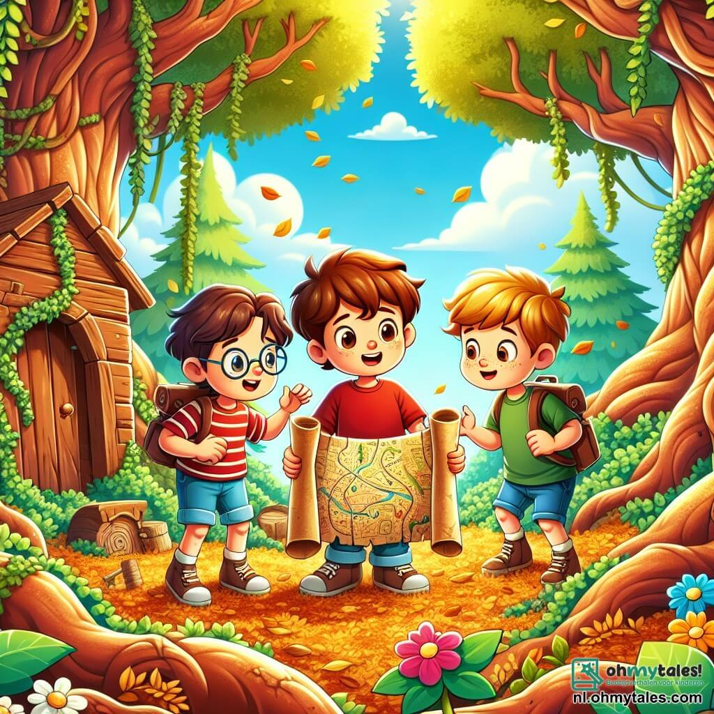 Illustratie van een scène in een betoverd bos, waar grote bomen met knoestige stammen oprijzen naar een blauwe lucht bezaaid met donzige witte wolken. Zonnestralen filteren door het loof en verlichten de grond bedekt met gouden bladeren en kleurrijke bloemen. In het midden van de scène zit een 7-jarig jongetje met rommelig bruin haar en nieuwsgierige ogen, geknield bij een oude houten hut bedekt met klimop. Hij draagt een rode t-shirt en een blauwe korte broek, en houdt een oude kaart in zijn handen, met een gezicht dat opwinding uitstraalt. Naast hem staan twee vrienden: een 7-jarig meisje met lange, gevlochten blonde haren en ronde bril, die het jongetje aandachtig observeert met een bemoedigende glimlach, en een 8-jarig jongetje met kastanjebruin haar en sproeten, die om zich heen kijkt met een verwonderde uitdrukking. De hoofdscène toont het trio dat een mysterieuze schatkaart ontdekt in het bos, omgeven door een sfeer van avontuur en mysterie. Extra grafische elementen zijn een oude kaart op de grond, kleurrijke bloemen om hen heen en een klein houten kistje half verborgen onder bladeren, wat een naderende ontdekking suggereert.