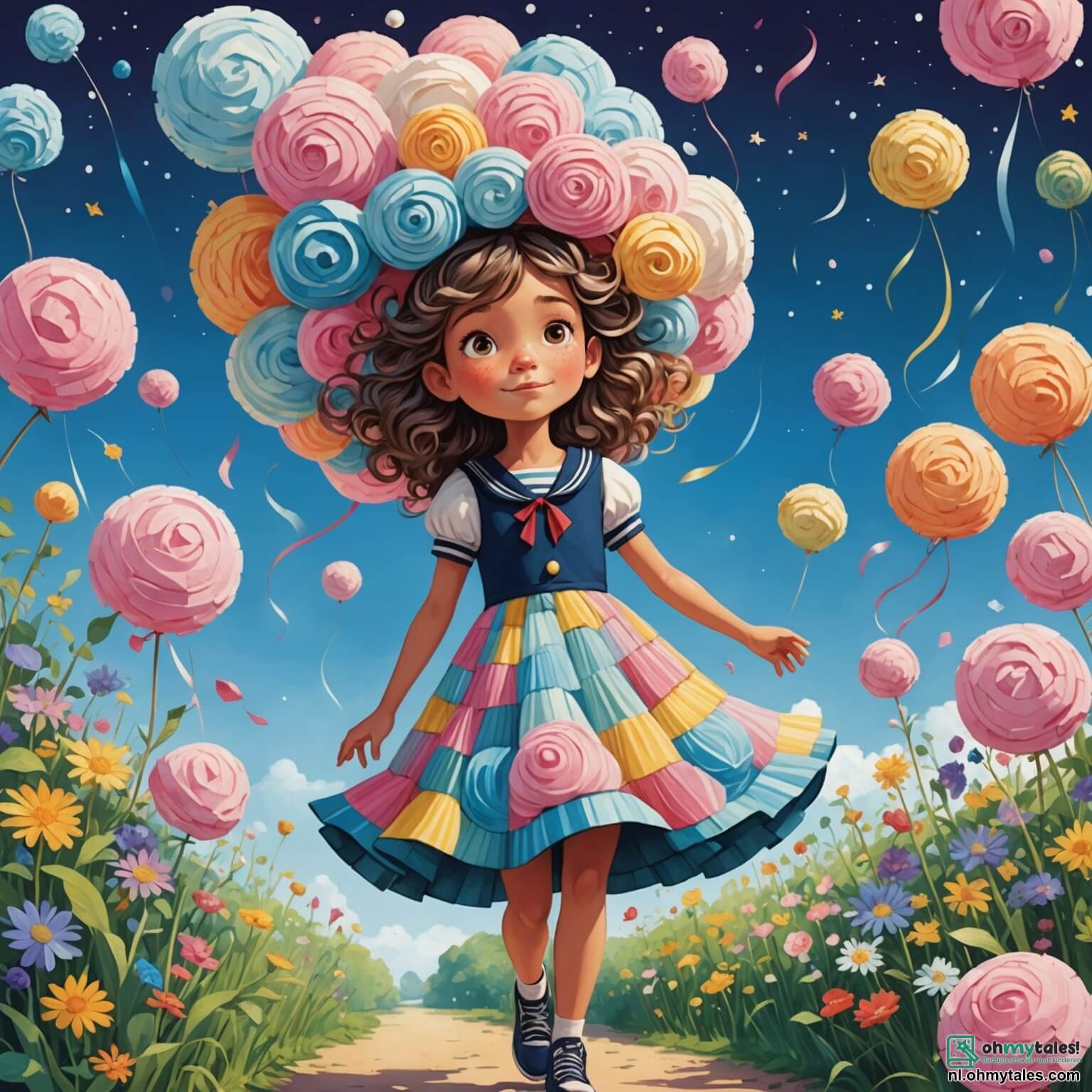 Une illustration destinée aux enfants représentant une fille aux cheveux ébouriffés comme des nuages de barbe à papa, portant une robe multicolore faite de morceaux de papier crépon qui virevoltent au gré du vent, se retrouve dans un jardin enchanté où les fleurs chantent des chansons de marins et les arbres portent des chapeaux de paille, tandis qu'un chat en monocle, qui parle avec un accent britannique, et un escargot géant portant un tutu rose, l'accompagnent dans sa quête loufoque pour retrouver une étoile filante égarée qui a décidé de se cacher derrière un champ de bonbons géants, le tout sous un ciel violet parsemé de nuages en forme de canards.