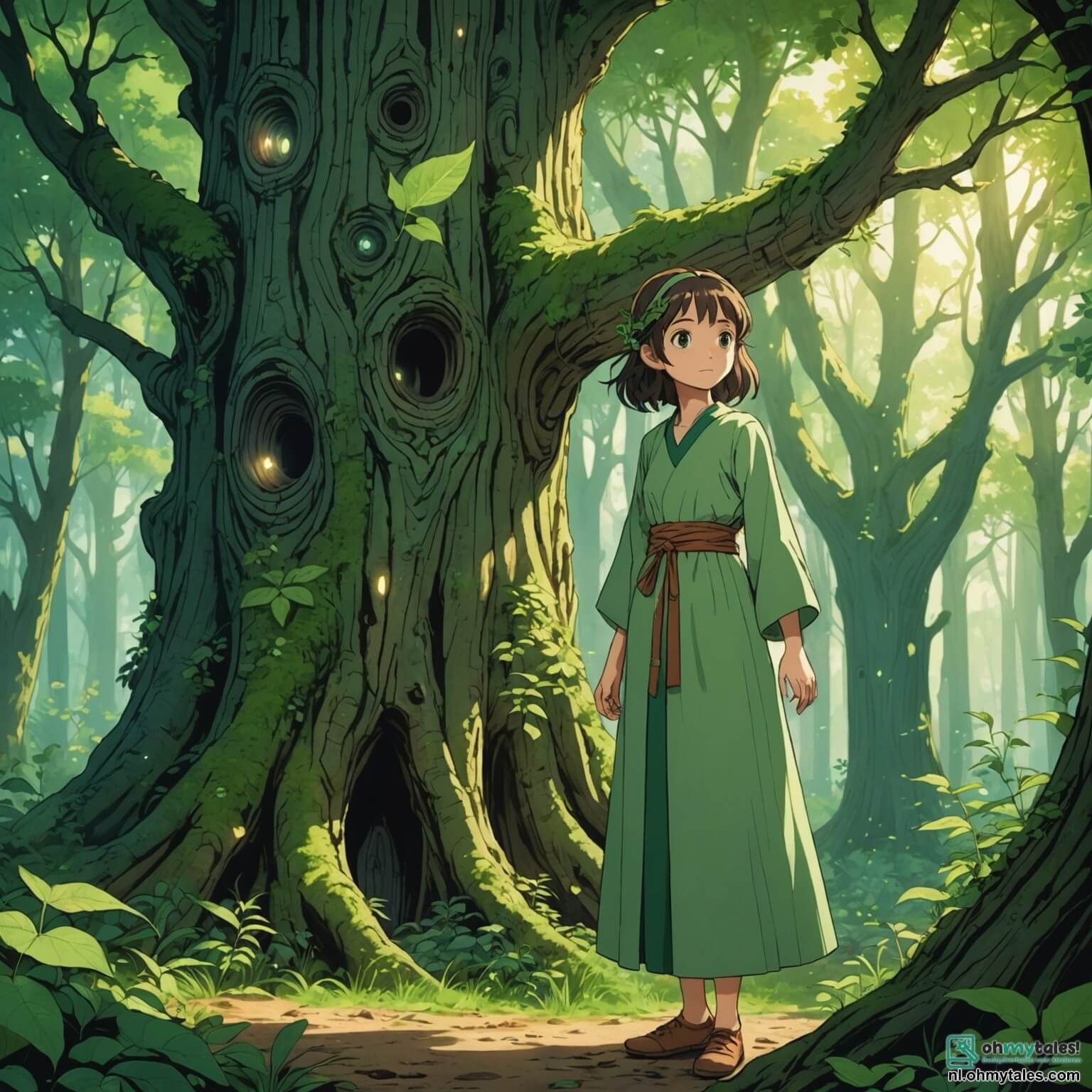 Une illustration destinée aux enfants représentant une jeune femme au regard pétillant de curiosité, vêtue d'une tunique en lin aux teintes de verdure, se tenant au bord d'une forêt enchantée où les arbres majestueux, aux troncs noueux et aux feuilles scintillantes, semblent murmurer des secrets anciens, tandis qu'elle s'apprête à partir à la recherche d'une ville mythique perdue, Mystoria, entourée de montagnes imposantes et de rivières étincelantes, où elle sera accompagnée d'un petit elfes aux ailes iridescentes, espiègle et courageux, et d'un sage dragon aux écailles dorées, qui, ensemble, devront affronter une ombre menaçante qui plane sur leur monde magique.