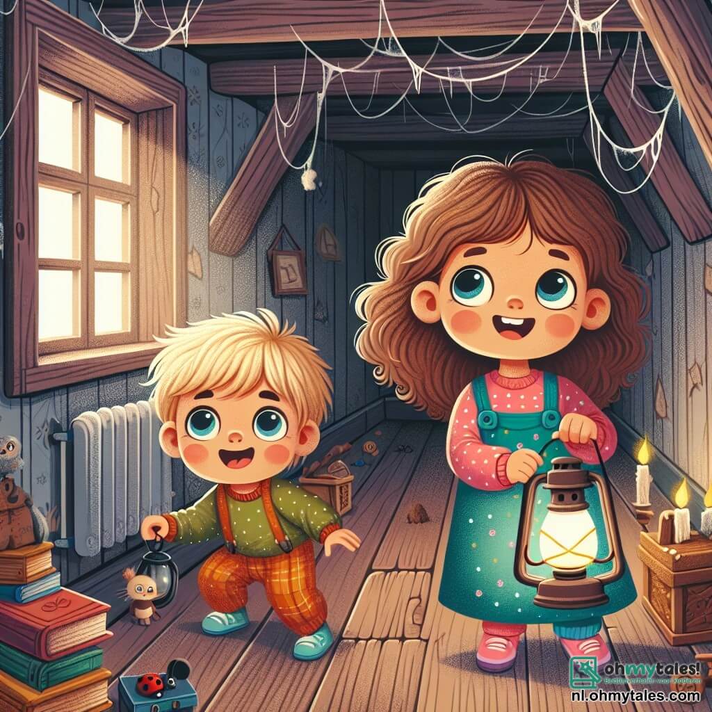 Une illustration sous forme de dessin destinée aux enfants représentant l'intérieur d'un vieux et mystérieux maison avec des murs en bois et des toiles d'araignée, où une petite fille de 3 ans aux grands yeux curieux et aux cheveux bouclés explore avec une lampe à la main, tandis qu'un garçon joyeux, également âgé de 3 ans, aux cheveux blonds et aux vêtements colorés, l'observe avec un sourire émerveillé, tous deux découvrant une pièce remplie de vieux jouets et de livres poussiéreux, symbolisant leur aventure en tant que petits enquêteurs à la recherche de secrets cachés.