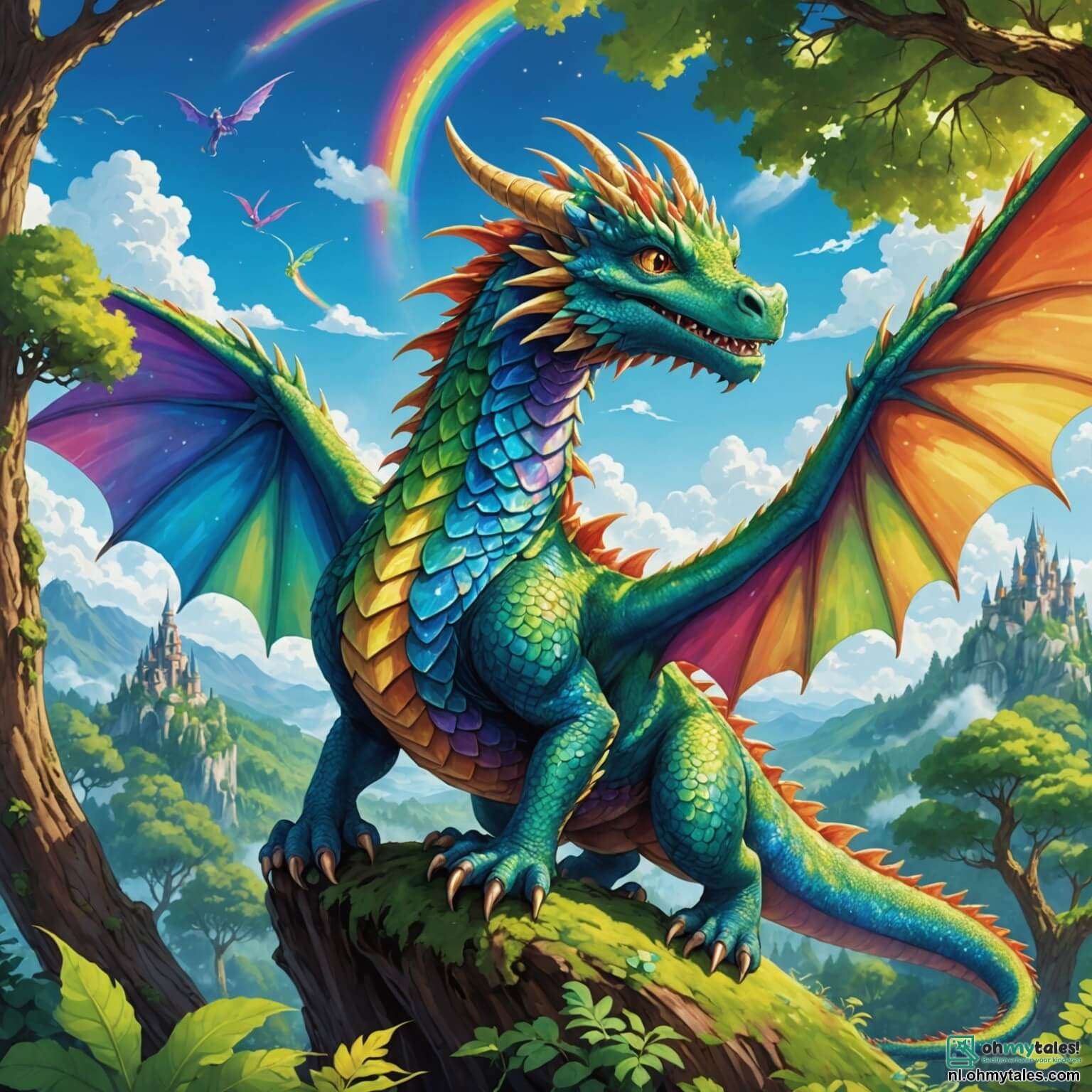 Une illustration destinée aux enfants représentant un jeune dragon aux écailles chatoyantes comme un arc-en-ciel, aux yeux pétillants de curiosité et de bonté, survolant un vaste et enchanteur royaume forestier où les arbres majestueux aux troncs noueux s'élèvent vers un ciel azur parsemé de nuages cotonneux, tandis qu'il se lance dans une quête audacieuse pour retrouver une étoile perdue, accompagné de son meilleur ami, un petit elfe espiègle à la voix douce et au chapeau vert vif, tous deux se frayant un chemin à travers des fleurs éclatantes et des rivières scintillantes, tout en croisant la route d'un dragon imposant aux écailles brillantes et au regard sage, qui veille sur la montagne des étoiles, où les constellations dansent dans la nuit étoilée.