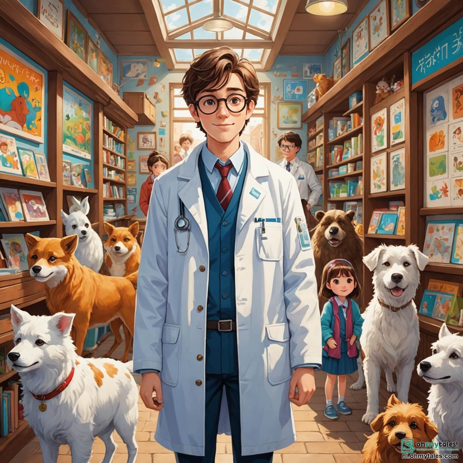 Une illustration destinée aux enfants représentant un vétérinaire au grand cœur, un homme à la chevelure brune légèrement ébouriffée et aux lunettes rondes, vêtu d'un blouson blanc éclatant, se tenant avec bienveillance au milieu de sa pratique animée, "La Maison des Animaux", un lieu chaleureux et coloré où les murs sont ornés de dessins d'animaux joyeux et de posters éducatifs, tandis qu'une petite fille aux yeux pétillants et à la tresse dorée, ainsi qu'un garçon aux lunettes et à la casquette, l'observent avec émerveillement alors qu'il soigne un adorable chiot aux grandes oreilles tombantes, tout en expliquant avec passion l'importance des soins vétérinaires dans ce havre de paix où les aboiements et les miaulements se mêlent aux rires d'enfants curieux.