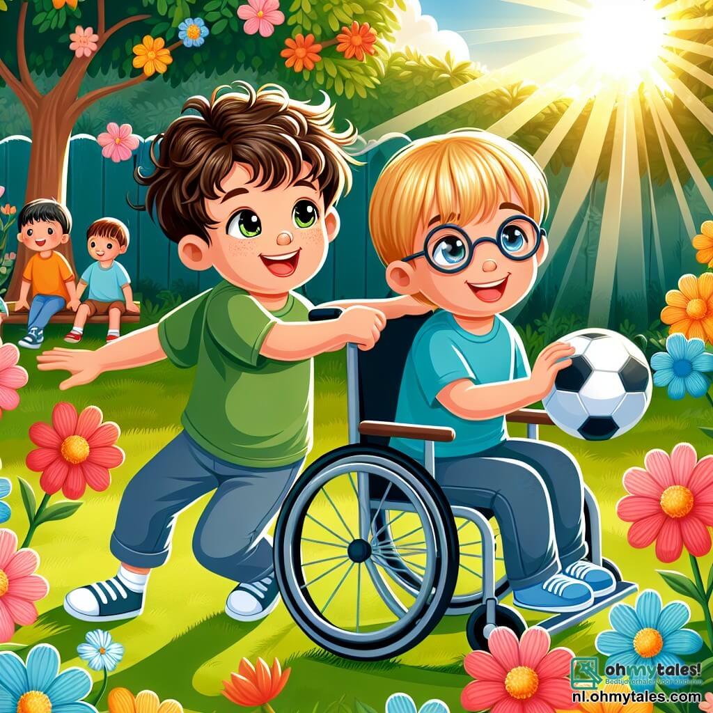 Une illustration sous forme de dessin destinée aux enfants représentant un jardin ensoleillé rempli de fleurs colorées, où un garçon de 5 ans aux cheveux bouclés et aux yeux pétillants, assis dans sa jolie rolstoel, rit joyeusement en lançant une balle vers un autre garçon de son âge, aux cheveux blonds et aux lunettes, qui s'apprête à attraper la balle, illustrant ainsi leur amitié et leur plaisir à jouer ensemble malgré les défis.