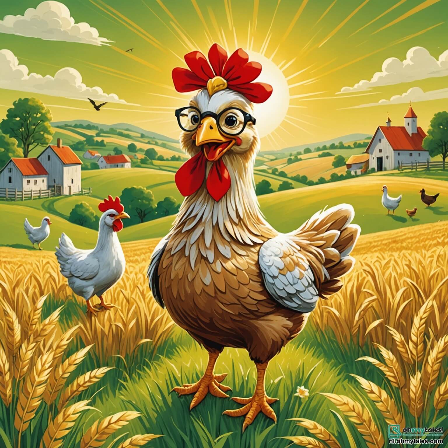 Une illustration destinée aux enfants représentant une poule au plumage doré étincelant, ornée d'un petit nœud rouge vif autour du cou, sautillant joyeusement sur la vaste et verdoyante ferme où les rayons du soleil caressent les champs de blé doré, tandis qu'elle s'affaire à organiser un grand festin avec ses amis, un canard à lunettes malicieux, un mouton intrépide et une chatte espiègle, tous réunis sous l'ombre accueillante d'un majestueux pommier aux branches chargées de pommes rouges et juteuses, créant une atmosphère de rires et de danses colorées, où les éclats de joie résonnent à travers les prairies fleuries.
