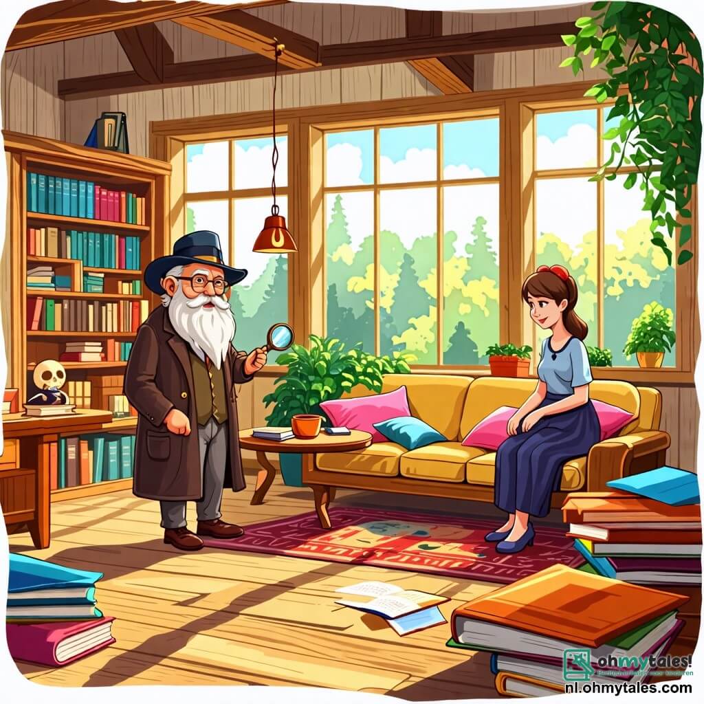 Illustratie van een scène in een charmant landhuis, met lichte houten muren en grote ramen die zonlicht binnenlaten. In de hoofdruimte heerst een warme sfeer, met kleurrijke kussens op een comfortabele bank en boeken verspreid over een houten tafel. In het midden van de afbeelding staat een oudere man met een grote witte baard en ronde brillen, die een oversized detectivehoed draagt. Hij houdt een grote vergrootglas in zijn rechterhand en kijkt geconcentreerd naar de vloer. Zijn lange, enigszins versleten jas draagt bij aan zijn detective-uitstraling. Naast hem staat een vrouw van rond de vijftig met kastanjebruin haar en een bril, gekleed in een kleurrijke schort. Ze heeft een bezorgde uitdrukking op haar gezicht, met haar handen op haar heupen, en kijkt om zich heen met een sprankje hoop. De hoofdactie toont de man die kattenharen op de vloer onderzoekt, terwijl de vrouw wijst naar een open deur die naar een weelderige tuin leidt, waar een grote boom te zien is. Katten speelgoed ligt verspreid rond, en een kleine kat met glanzende ogen zit op een tak en kijkt nieuwsgierig naar de scène. De illustratie straalt een sfeer van avontuur en mysterie uit, met levendige kleuren en speelse details, om de aandacht van kinderen te trekken.