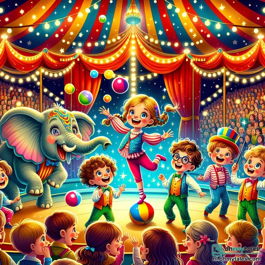 Illustratie van een levendige en kleurrijke scène binnen een magisch circus. De tent is enorm, versierd met rode en gele strepen, met fonkelende lichten die de ruimte verlichten. In het midden staat een grote circusring omringd door verwonderde toeschouwers, hun gezichten stralend van opwinding. Een zevenjarig jongetje met bruin, krullend haar jongleert met kleurrijke ballen, zijn gezicht straalt van vreugde en concentratie. Naast hem staat een zevenjarig meisje met gevlochten blond haar op een grote bal, met uitgestrekte armen om haar evenwicht te bewaren, een grote glimlach op haar gezicht. Een andere zevenjarige jongen met een bril en kastanjebruin haar trekt grappige gezichten, wat gelach in het publiek oproept. Tot slot imiteert een zevenjarig meisje met rood haar ongelooflijke dierengeluiden, waardoor ze de aandacht van iedereen trekt. Op de achtergrond jongleert een majestueuze olifant met een kleurrijke hoed, wat een vleugje magie aan de scène toevoegt. Confetti zweeft door de lucht en de toeschouwers applaudisseren enthousiast, wat een feestelijke en blije sfeer creëert.