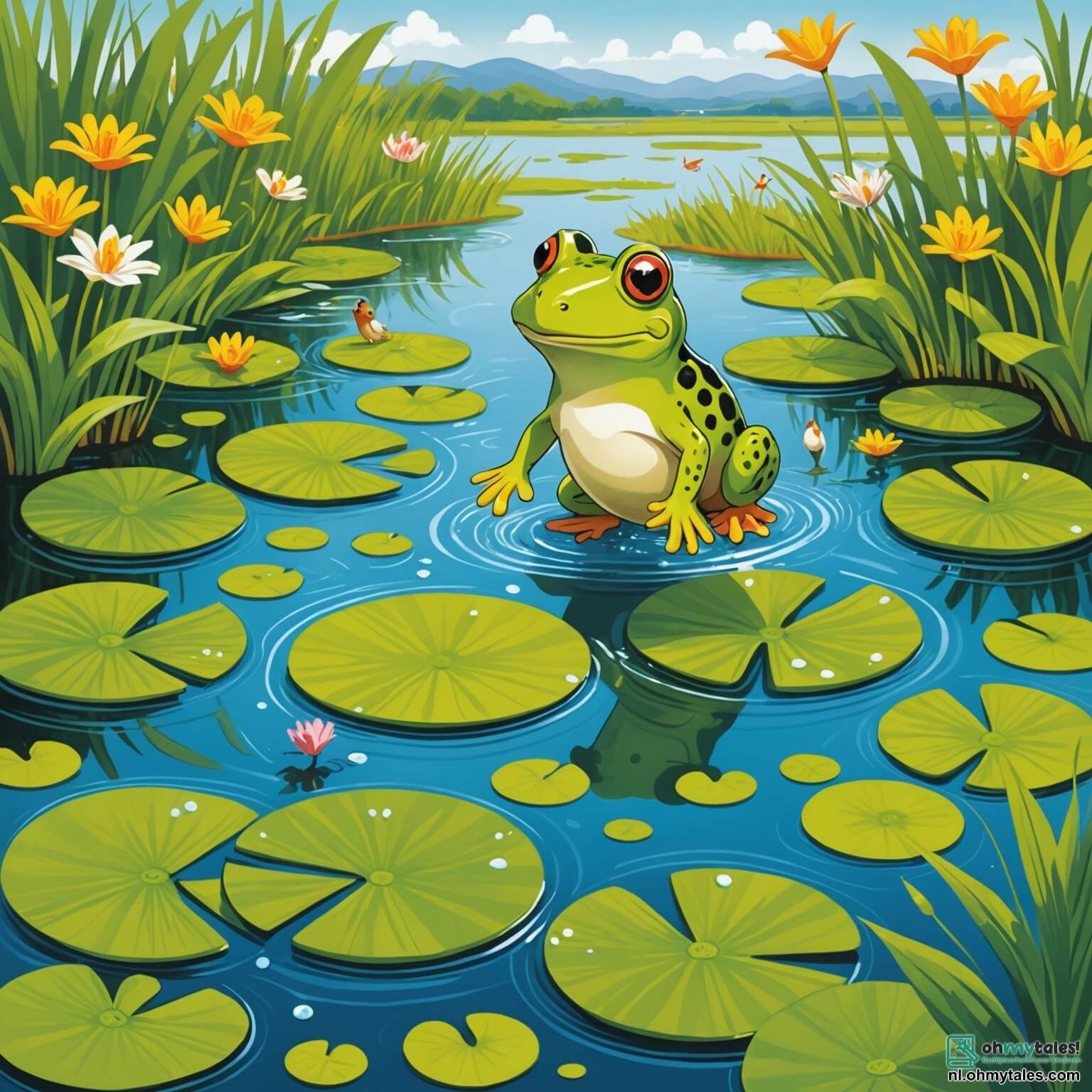 Une illustration destinée aux enfants représentant une petite grenouille aux yeux pétillants et à la peau d'un vert éclatant, sautillant joyeusement sur des nénuphars aux couleurs vives dans un paisible marais, entourée de ses amis, un canard au plumage doré qui barbotte dans l'eau et un lapin aux grandes oreilles qui s'amuse à faire des cabrioles sur la berge, alors qu'ils se préparent tous ensemble pour une grande compétition de sauts, avec en toile de fond des roseaux ondulant doucement au gré du vent et des fleurs sauvages éparpillées, créant une scène pleine de vie et d'amusement.