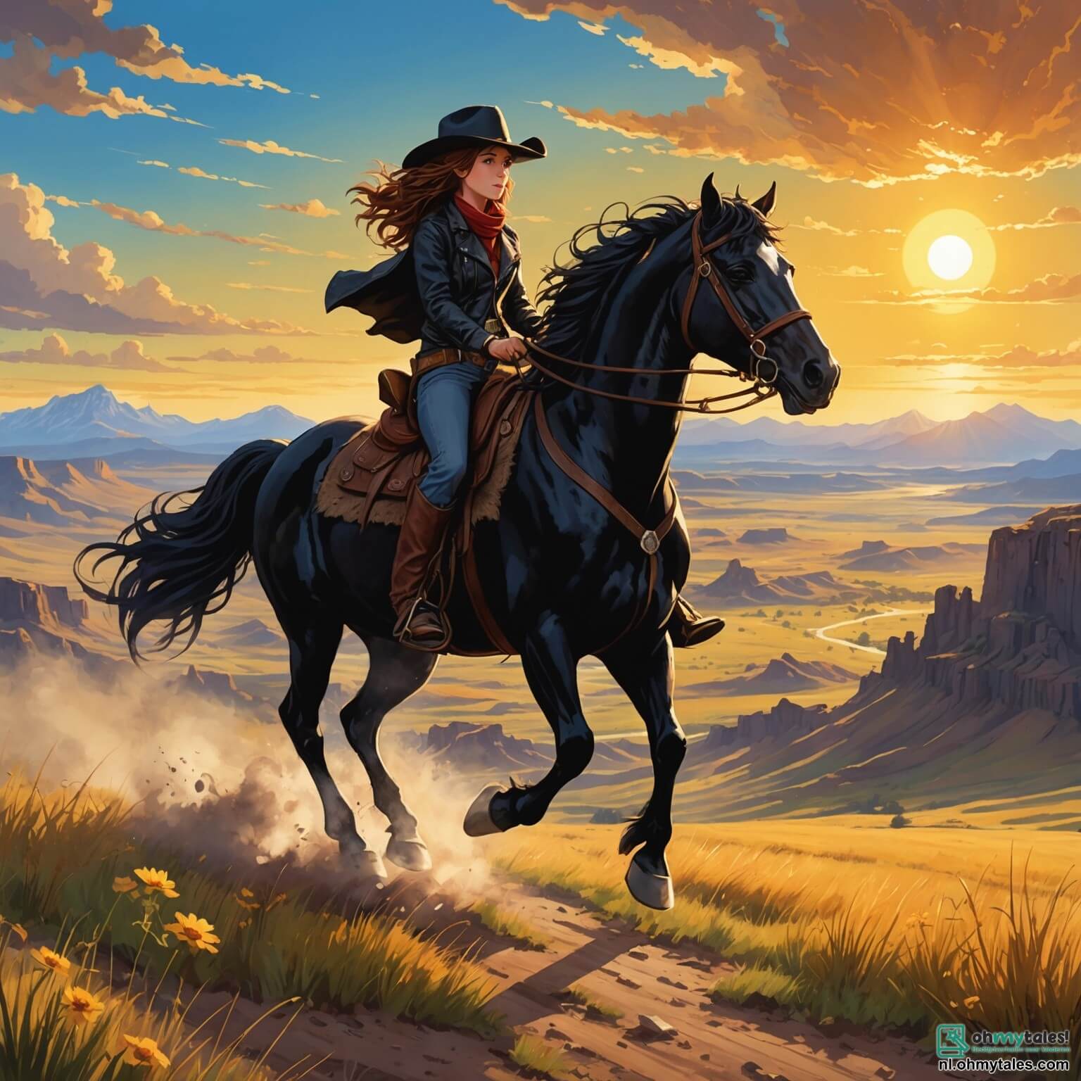 Une illustration destinée aux enfants représentant une jeune femme courageuse aux cheveux châtain ondulés, vêtue d'un chapeau de cow-boy usé et d'une veste en cuir, chevauchant un magnifique cheval noir à travers les vastes prairies dorées du Far West, où le soleil couchant embrase le ciel de teintes flamboyantes, tandis qu'elle se dirige vers une mine mystérieuse entourée de montagnes majestueuses, où des hommes robustes, aux visages burinés par le soleil et la poussière, s'affairent à dégager un passage pour sauver leurs camarades piégés, illustrant ainsi l'esprit d'aventure et de camaraderie qui règne dans ce coin reculé de l'Amérique.