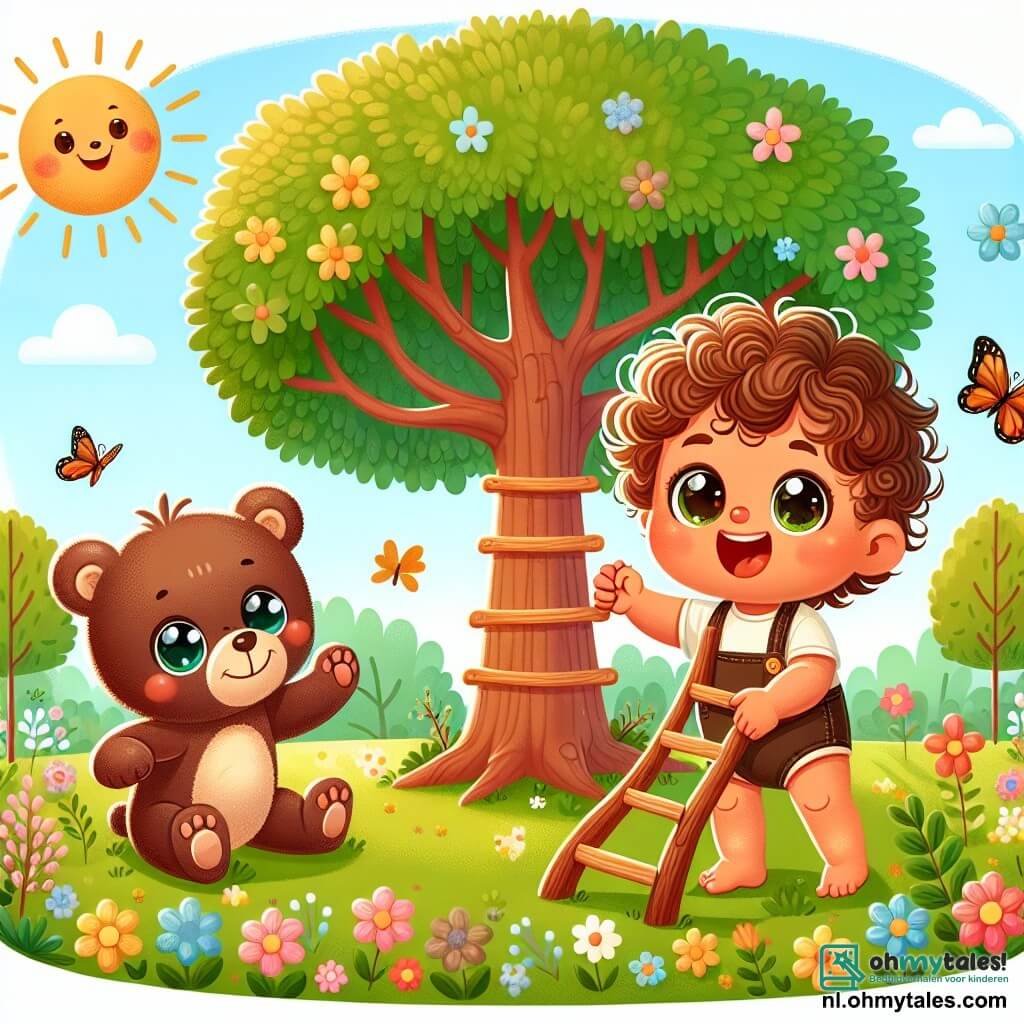 Une illustration sous forme de dessin destinée aux enfants représentant un parc ensoleillé avec une grande et majestueuse arbre au centre, où un petit garçon de 1 an, aux cheveux bouclés et aux yeux pétillants, est en train de grimper joyeusement sur une petite échelle faite de branches, tandis qu'à ses côtés, un teddy bear brun aux yeux brillants l'encourage avec un grand sourire, le tout entouré de fleurs colorées et d'une jolie vlinder qui vole autour d'eux, symbolisant l'esprit d'aventure et d'amitié.
