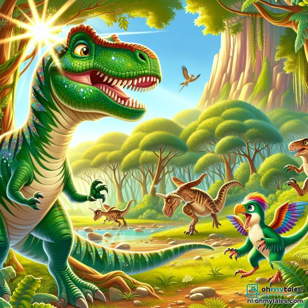 Une illustration sous forme de dessin destinée aux enfants représentant une scène vibrante dans une forêt luxuriante de la Dino-vallee, où un jeune Tyrannosaure Rex aux écailles vertes brillantes et aux yeux pétillants d'excitation se tient fièrement, prêt à défendre sa grotte magique, tandis qu'à ses côtés, une Velociraptor agile avec des plumes colorées observe attentivement, et ensemble, ils font face à un groupe de raptors malicieux qui tentent de s'emparer de pierres scintillantes, le tout baigné dans une lumière dorée du soleil couchant.