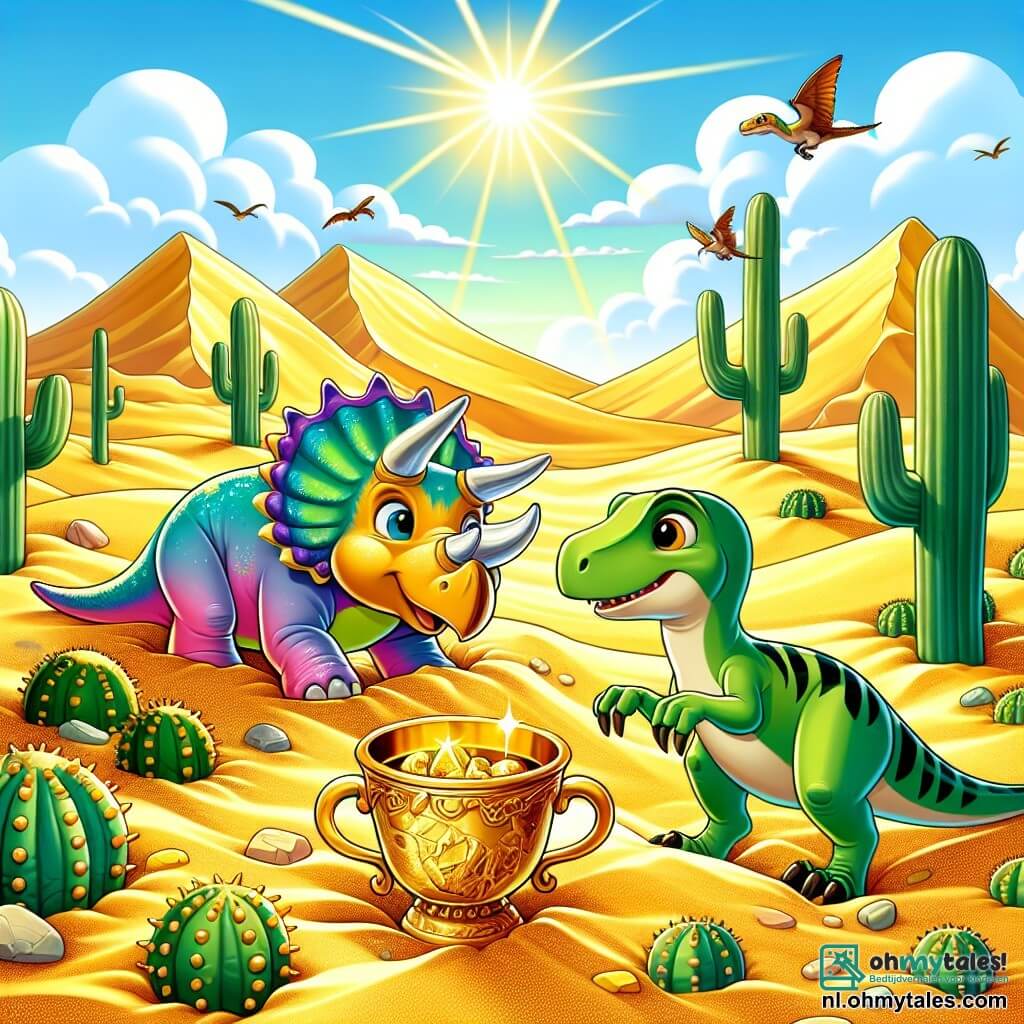 Une illustration sous forme de dessin destinée aux enfants représentant une vaste et ensoleillée woestijn, avec un tricératops aux écailles colorées et à la corne brillante, fouillant le sable avec curiosité à la recherche de trésors, tandis qu'une velociroaptor verte, rapide et espiègle, l'observe avec un sourire malicieux, alors qu'ils découvrent ensemble une magnifique et ancienne coupe dorée scintillante, entourée de cactus majestueux et de dunes dorées, symbolisant leur aventure pleine de découvertes et d'amitié.