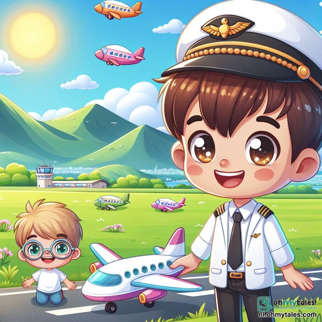 Une illustration sous forme de dessin destinée aux enfants représentant un petit aéroport ensoleillé avec des avions colorés garés sur le tarmac, où un jeune homme aux cheveux bruns et aux yeux pétillants, vêtu d'un uniforme de pilote blanc et d'une casquette, sourit joyeusement en montrant à son ami, un garçon aux cheveux blonds et aux lunettes, comment faire décoller un petit avion en jouet, tandis qu'ils sont entourés de champs verdoyants et de montagnes majestueuses à l'horizon, illustrant leur rêve d'aventure dans le ciel.