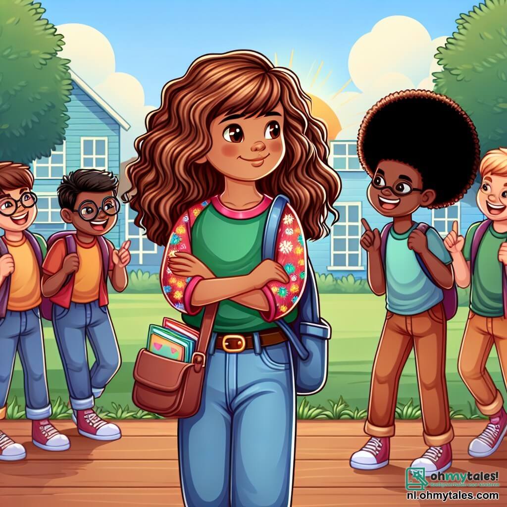 Une illustration sous forme de dessin destinée aux enfants représentant une cour d'école animée, où une fille de 11 ans aux longs cheveux bruns et bouclés, portant un t-shirt coloré et une petite sacoche remplie de livres, se tient courageusement devant un groupe de garçons aux visages moqueurs, tandis qu'une fille d'origine africaine, avec une belle coiffure afro et un sourire chaleureux, se tient à ses côtés, illustrant le moment où elles défendent l'importance de l'acceptation et de la diversité face aux moqueries, le tout sous un ciel ensoleillé et des arbres verdoyants en arrière-plan.