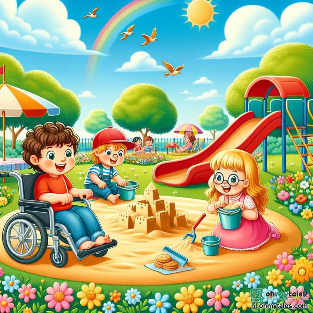 Illustratie van een zonnig park, vol kleurrijke bloemen en groene bomen. In het midden een groot speelterrein met een rode glijbaan en een ruime zandbak waar drie kinderen spelen. Een driejarig jongetje met bruin, krullend haar zit in een rolstoel, glimlachend en met een zandemmer in zijn hand. Naast hem bouwt een driejarig meisje met lang blond haar en een roze jurk enthousiast een zandkasteel. Een andere driejarige jongen, met een rode pet en een bril, helpt hen door zandemmers toe te voegen. Op de achtergrond een heldere blauwe lucht en vogels die vliegen, terwijl een picknickkleed met koekjes en vruchtensap onder een grote boom is uitgespreid, wat een gezellige sfeer toevoegt aan deze vrolijke zomerscène.