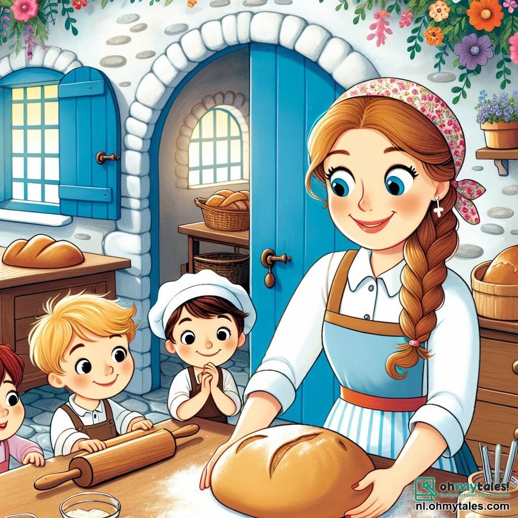 Une illustration sous forme de dessin destinée aux enfants représentant une charmante boulangerie avec une porte bleue et des fenêtres ornées de fleurs colorées, où une femme souriante aux cheveux châtains et aux yeux pétillants, vêtue d'un joli tablier, pétrit joyeusement de la pâte à pain sur une grande table en bois, tandis que trois enfants, une fille aux cheveux blonds et deux garçons, l'un avec des cheveux bruns et l'autre avec des cheveux roux, regardent avec émerveillement et impatience, attendant de l'aider à préparer un délicieux pain qui vient de lever, créant une atmosphère chaleureuse et pleine de joie.