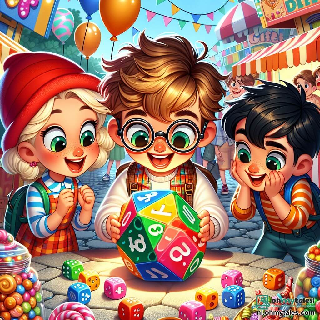 Une illustration sous forme de dessin destinée aux enfants représentant un village coloré et animé avec des décorations de fête, où un garçon de 7 ans, aux cheveux bruns en bataille et portant une grande paire de lunettes rondes, examine attentivement une grande, colorée dobbelsteen qu'il vient de retrouver, tandis que deux de ses amis, une fille aux cheveux blonds et une casquette rouge, et un garçon aux cheveux noirs et une chemise à rayures, l'observent avec des yeux brillants d'excitation, tous trois entourés de ballons et de stands de sucreries, illustrant l'esprit d'aventure et de camaraderie de leur quête pour résoudre le mystère de la dobbelsteen disparue.