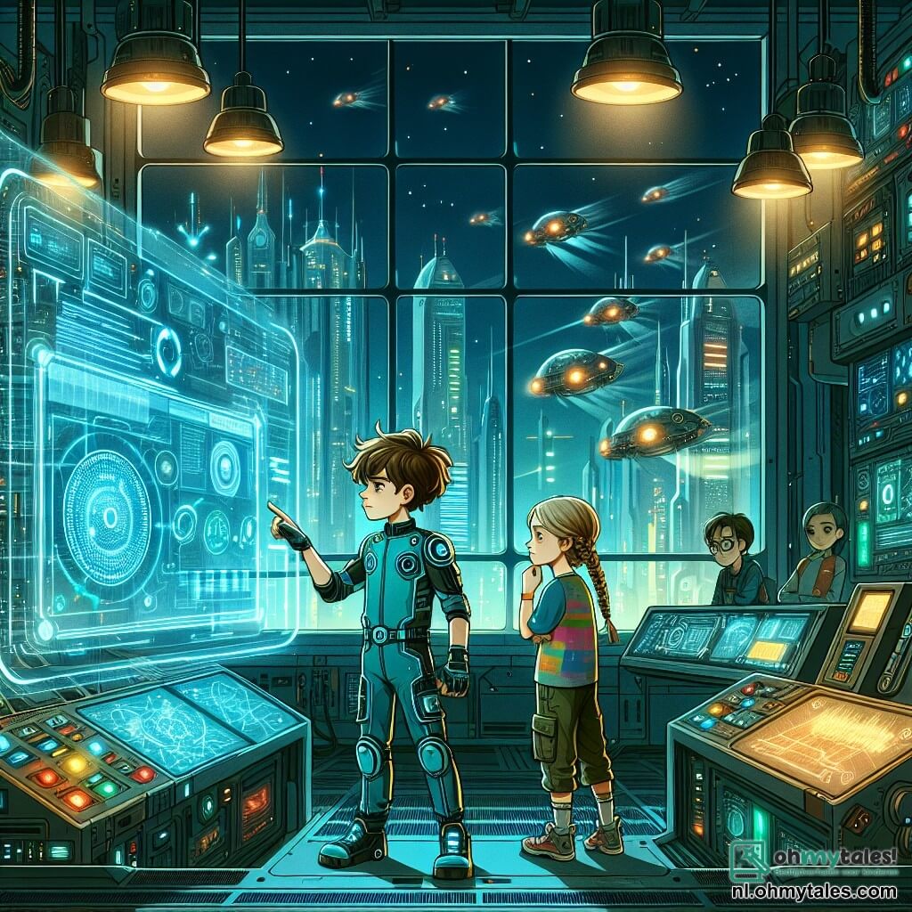 Illustratie van een scène in een grote futuristische controlekamer, vol met glanzende machines en heldere controlepanelen. De muren zijn van doorzichtig glas, met uitzicht op een futuristische stad met fonkelende gebouwen en hovercars die door de lucht vliegen. In het midden kijkt een 11-jarig jongen met rommelig bruin haar, gekleed in een blauwe technologische outfit, vastberaden naar een groot holografisch scherm dat complexe gegevens weergeeft. Naast hem wijst een 11-jarig meisje met gevlochten blond haar, gekleed in een kleurrijk t-shirt en cargobroek, geconcentreerd naar de informatie op het scherm. Samen lijken ze een technologisch mysterie op te lossen, omringd door knipperende lichten en zoemende machines. De sfeer is zowel opwindend als vol spanning, met een sprankje hoop dat van hun gezichten straalt.