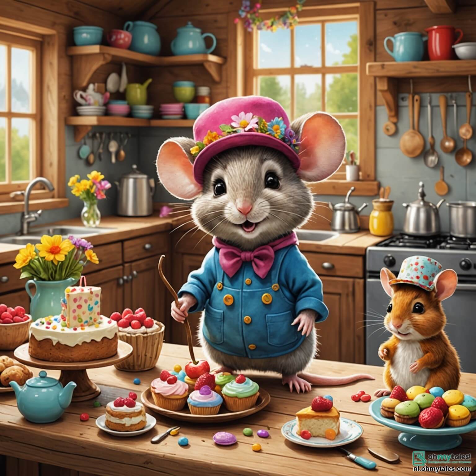Une illustration destinée aux enfants représentant une petite souris au pelage doux et soyeux, portant un chapeau coloré orné de fleurs, qui se tient fièrement sur une table en bois rustique dans une cuisine chaleureuse, entourée de ses amis, un joyeux lapin aux grandes oreilles et une malicieuse écureuil aux yeux pétillants, tous en train de préparer une fête pleine de délices sucrés et de jeux amusants, tandis que le soleil filtre à travers les rideaux à carreaux, illuminant les pots de confiture alignés sur l'étagère et les herbes fraîches qui embaument l'air, créant une atmosphère de joie et d'excitation.