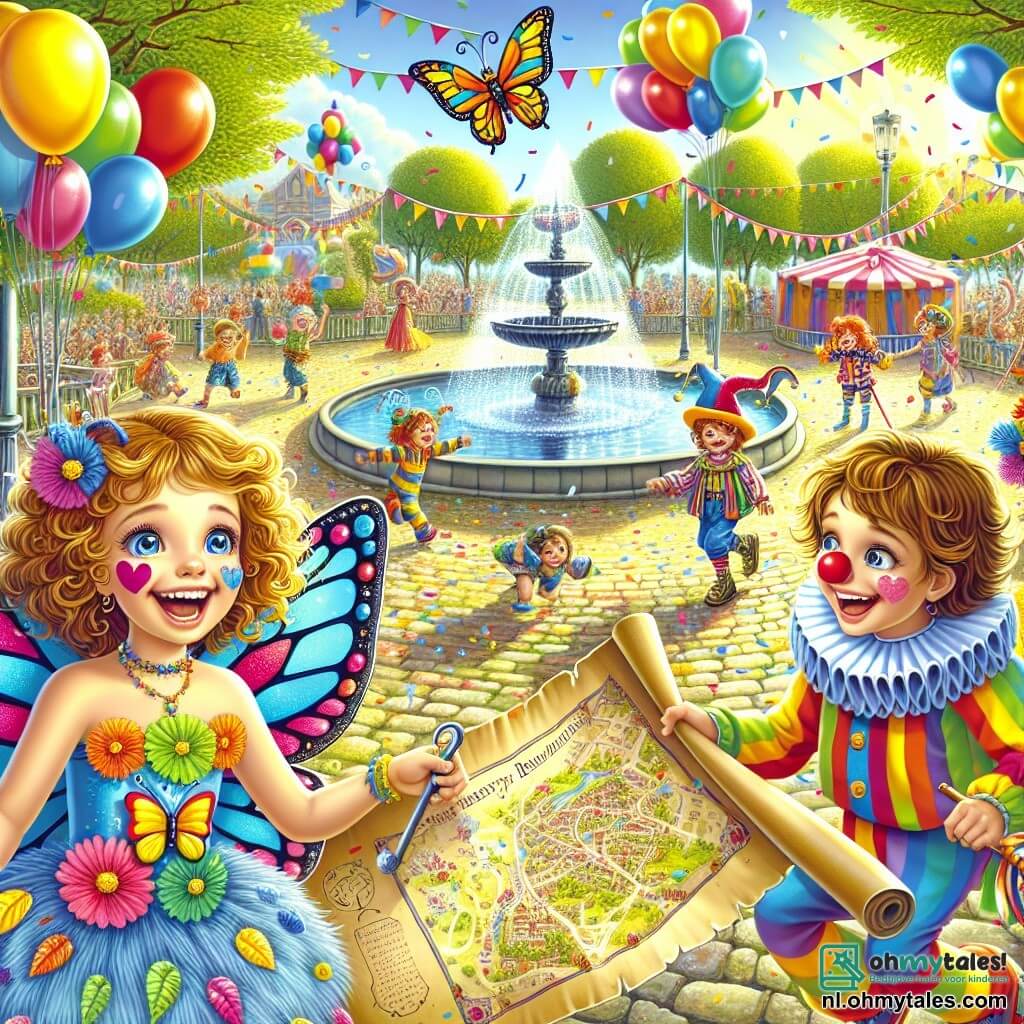 Illustratie die een levendige scène van het carnaval in een zonnig park toont. De plek is gevuld met heldere kleuren: kleurrijke ballonnen zweven in de lucht, papieren slingers versieren de bomen, en een grote fontein in het midden spettert met sprankelend water onder de zonnestralen. Op de voorgrond staat een 11-jarig meisje met krullend, goudkleurig haar, gekleed in een vlinderkostuum met glanzende, kleurrijke vleugels. Ze glimlacht vrolijk terwijl ze een schatkaart vasthoudt, met sprankelende ogen van opwinding. Naast haar staan twee jongens, de ene ongeveer 12 jaar oud in een zilveren kartonnen ridderkostuum met een plastic zwaard, en de andere ongeveer 11 jaar oud, verkleed als clown met een rode neus en tousled haar, die lacht terwijl hij naar de kaart kijkt. De belangrijkste situatie toont de kinderen die op zoek zijn naar een mysterieuze schat, omringd door gelach en muziek, terwijl andere kinderen om hen heen dansen en plezier maken. Confetti zweeft in de lucht en voegt een feestelijke touch toe aan de vrolijke sfeer van het carnaval.