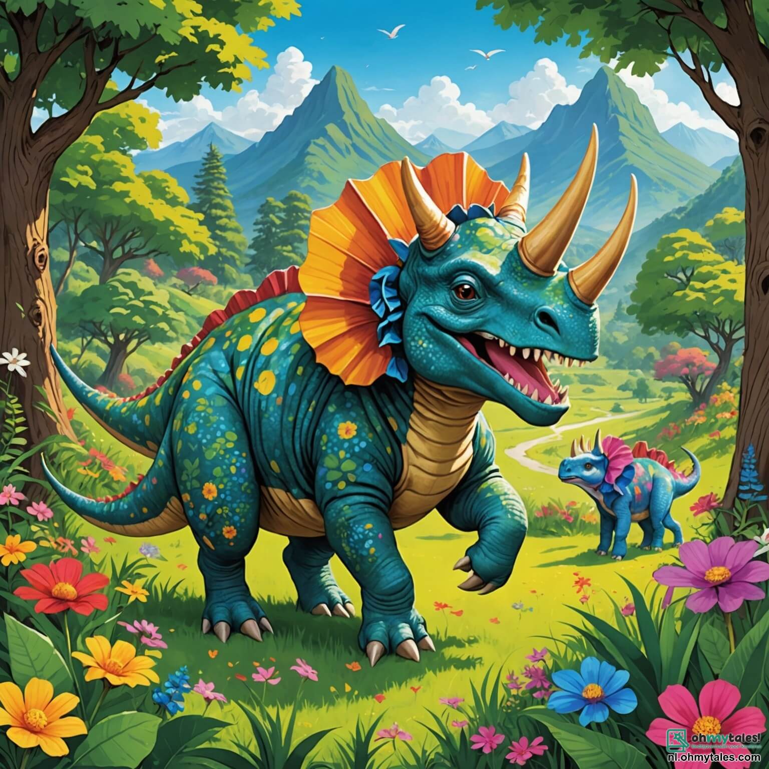 Une illustration destinée aux enfants représentant un tricératops joyeux avec trois cornes pointues et une grande collerette colorée, gambadant dans une vallée verdoyante parsemée de fleurs éclatantes et de grands arbres aux feuilles luxuriantes, où il s'amuse à jouer à cache-cache avec ses amis, un brontosaurus au long cou et une velociraptor rapide, tout en s'émerveillant devant le scintillement d'une rivière cristalline qui serpente à travers le paysage ensoleillé, créant une atmosphère de camaraderie et d'aventure au cœur d'un monde préhistorique vibrant de vie.