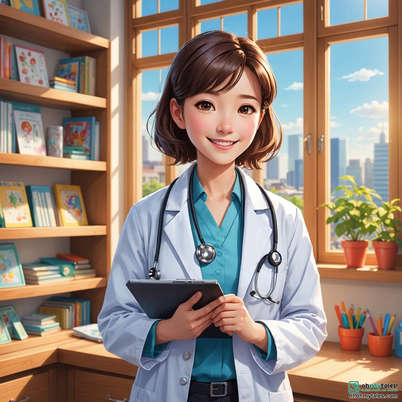 Une illustration destinée aux enfants représentant une médecin bienveillante, vêtue d'une blouse blanche éclatante, avec un stéthoscope enroulé autour de son cou et un sourire chaleureux illuminant son visage, se tenant dans sa pratique lumineuse et colorée, où des posters de santé et de bien-être ornent les murs, des jouets médicaux sont soigneusement disposés sur des étagères en bois, et une grande fenêtre laisse entrer la lumière du soleil, tandis qu'à ses côtés, deux enfants curieux, une fille aux cheveux bouclés et un garçon aux lunettes, l'écoutent attentivement alors qu'elle leur explique comment prendre soin de leur santé et les aide à comprendre les mystères de leur corps, créant ainsi une atmosphère joyeuse et éducative dans cet espace accueillant.