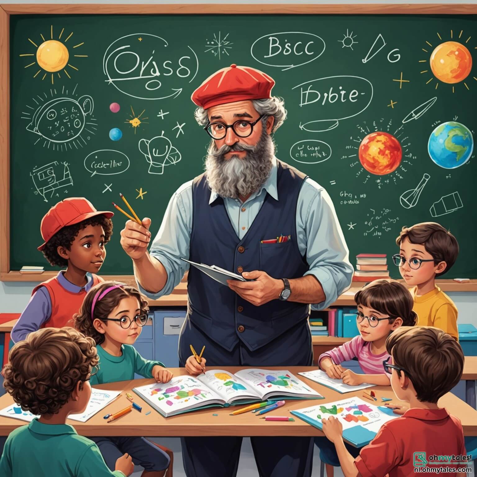 Une illustration destinée aux enfants représentant un instituteur passionné, avec des lunettes rondes et une barbe poivre et sel, debout devant un tableau noir couvert de dessins colorés et de formules magiques, entouré d'une classe de jeunes élèves aux yeux pétillants de curiosité, dont une petite fille aux cheveux bouclés et une casquette rouge, qui l'écoutent attentivement, tandis qu'un garçon aux lunettes épaisses, assis à l'arrière, lève la main avec enthousiasme pour poser une question sur les étoiles, le tout se déroulant dans une salle de classe lumineuse, ornée de posters colorés sur les murs, de fenêtres laissant entrer la douce lumière du soleil et d'un coin lecture rempli de livres aux couvertures éclatantes, où l'air est empli de rires et d'apprentissages.