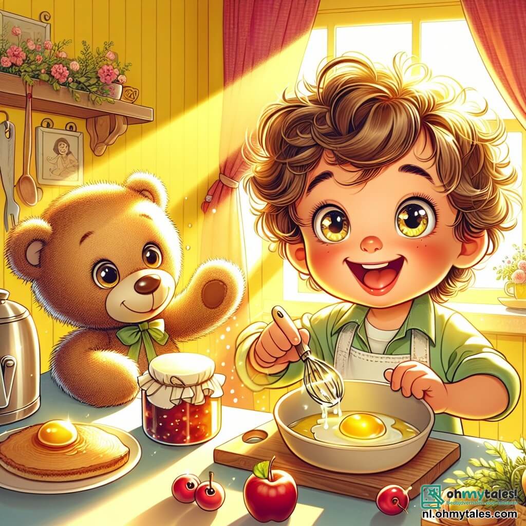 Une illustration destinée aux enfants représentant un garçon aux cheveux bouclés et aux yeux pétillants, débordant d'enthousiasme dans une cuisine ensoleillée, où les rayons du matin dansent sur les murs jaunes, tandis qu'il s'affaire à préparer un délicieux petit déjeuner surprise pour sa maman, entouré de son fidèle ami en peluche, un ours en teddy aux yeux brillants, qui l'encourage avec des mots doux, le tout dans une ambiance chaleureuse et joyeuse, remplie de l'odeur sucrée de la confiture et du croquant des pommes, créant une scène pleine d'amour et de tendresse pour la fête des mères.