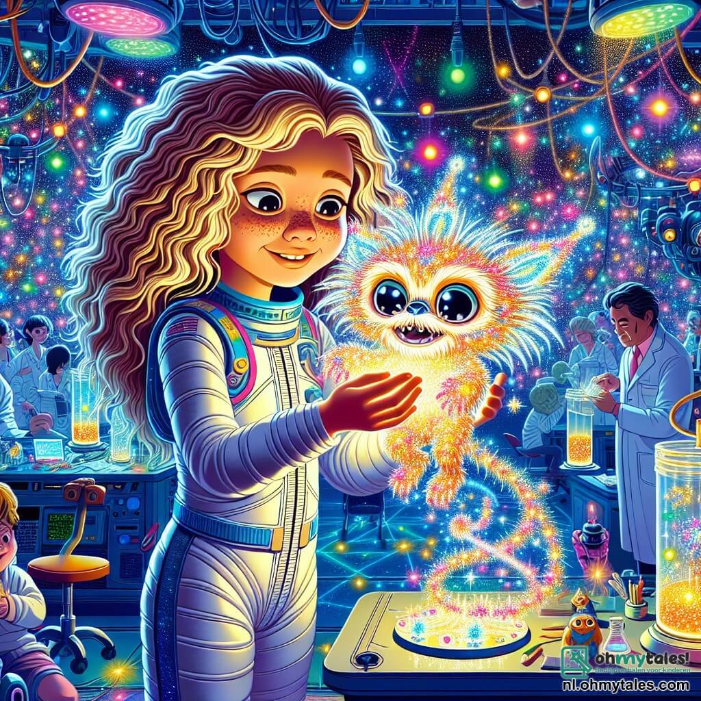 Une illustration sous forme de dessin destinée aux enfants représentant l'intérieur d'une vaste station spatiale illuminée par des lumières colorées et des appareils futuristes, où une fille de 9 ans aux cheveux bouclés et aux yeux pétillants, vêtue d'une combinaison spatiale brillante, tient une magnifique Glinsterende Bloem scintillante dans ses mains, tandis qu'un petit être magique à la fourrure éclatante et aux yeux malicieux, flottant à ses côtés, l'encourage avec un sourire, alors qu'ils se préparent à mélanger la fleur avec des ingrédients mystérieux pour créer une puissante énergie, entourés de scientifiques aux traits variés, absorbés par leurs expériences.