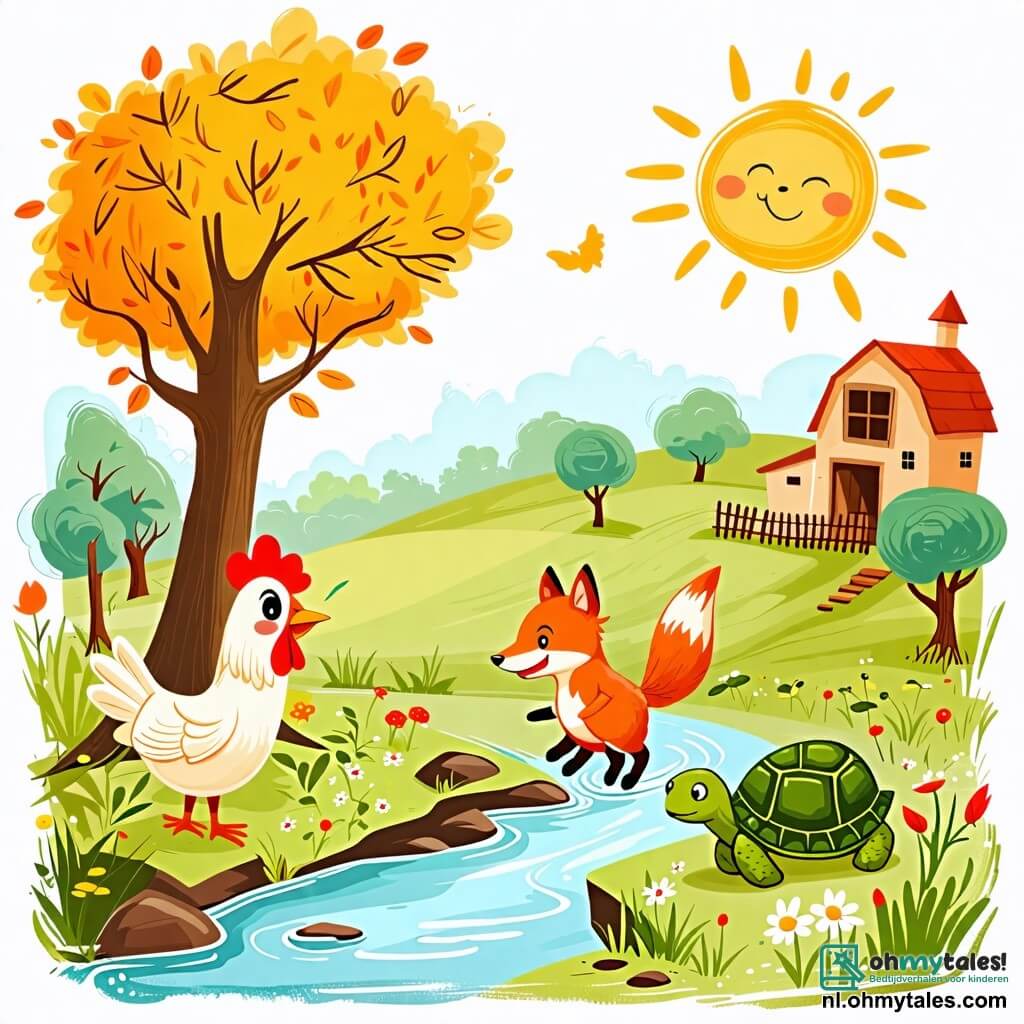 Une illustration sous forme de dessin destinée aux enfants représentant une charmante ferme ensoleillée avec une grande arbre au bord d'une rivière, où une poule aux plumes brillantes et à la crête rouge chante joyeusement tout en sautillant, entourée de son ami, un renard rusé à la fourrure orange et aux yeux malicieux, alors qu'ils s'apprêtent à jouer à cache-cache avec une vieille tortue sage au carapace verte, le tout baigné dans une atmosphère de camaraderie et de bonheur.