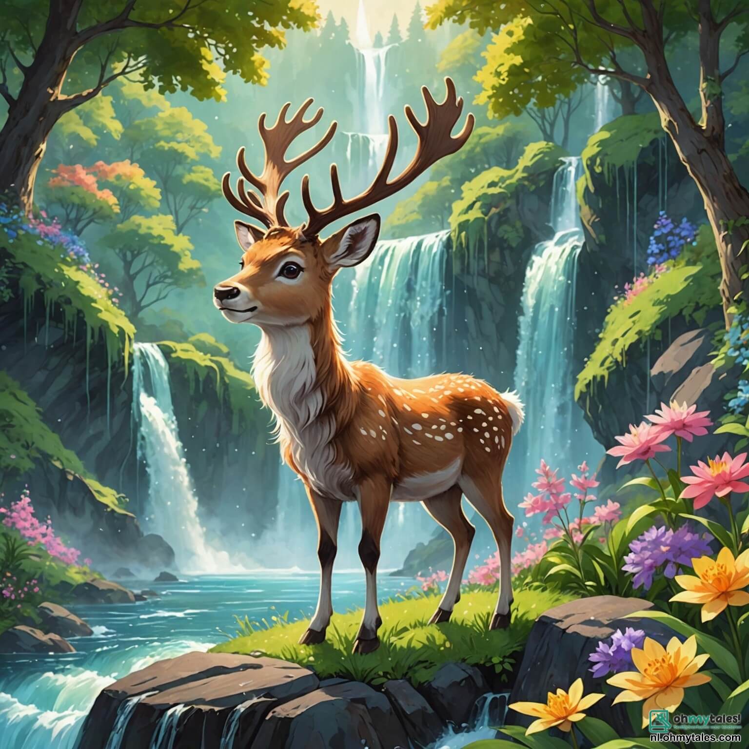 Une illustration destinée aux enfants représentant un renne au pelage doux et chatoyant, avec des yeux pétillants de curiosité, se tenant fièrement au bord d'une cascade étincelante, entouré de fleurs colorées qui dansent au gré du vent et de grands arbres majestueux aux feuilles verdoyantes, tandis qu'il se prépare à vivre une aventure palpitante avec son amie, une petite lapine aux grandes oreilles et à la fourrure duveteuse, qui l'accompagne dans la quête de racines savoureuses et de trésors cachés, tout en écoutant le doux murmure de l'eau et les chants des oiseaux qui peuplent ce magnifique bois enchanté.