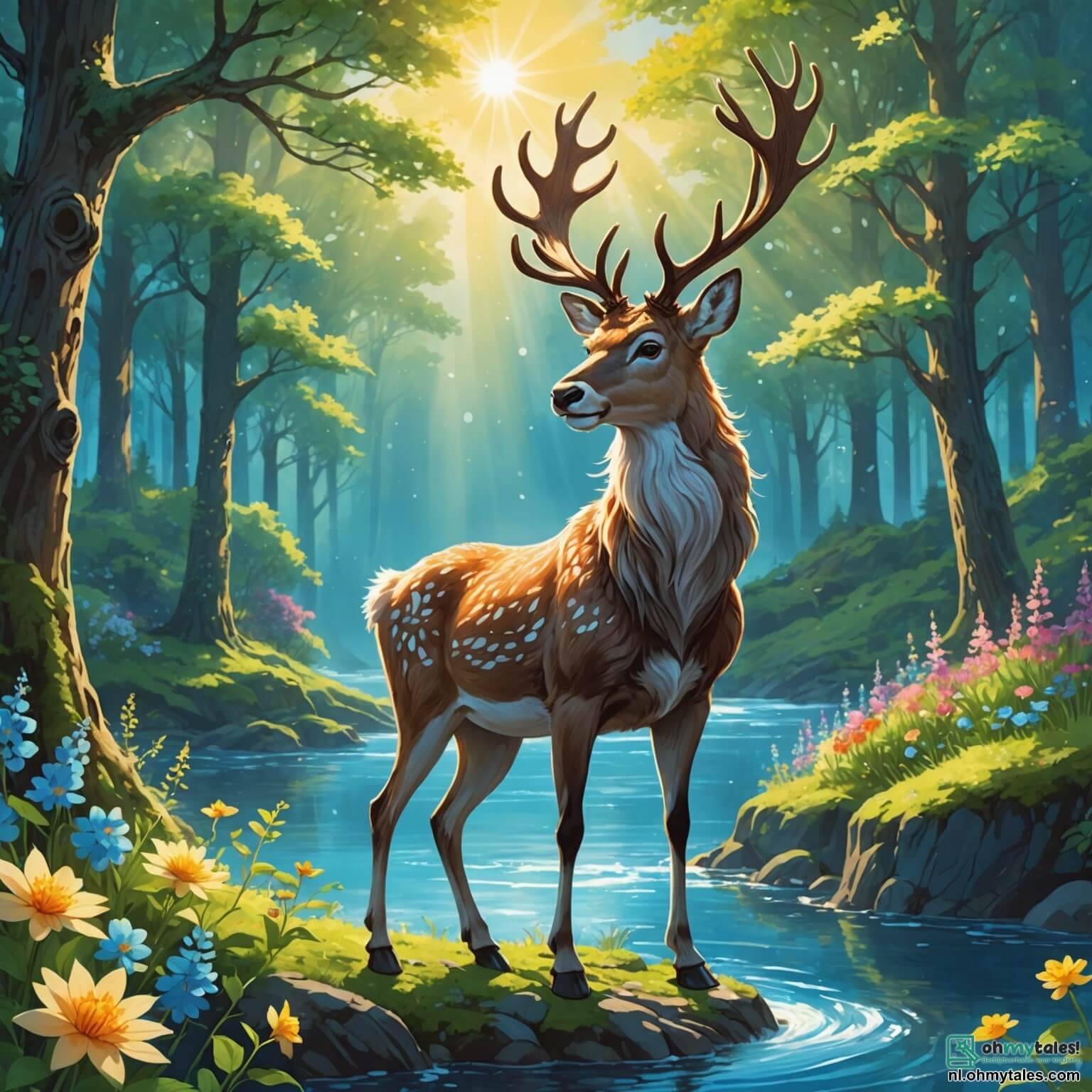 Une illustration destinée aux enfants représentant un majestueux renne à la fourrure éclatante comme les rayons du soleil, se tenant fièrement au cœur d'une forêt enchantée où les arbres majestueux aux troncs noueux s'élèvent vers le ciel azur, entouré de fleurs multicolores qui dansent au gré du vent léger, tandis qu'il s'apprête à partir à l'aventure pour découvrir une source magique cachée derrière une rivière scintillante, accompagné d'une sage chouette aux plumes chatoyantes qui veille sur lui avec bienveillance, et des oiseaux joyeux qui chantent des mélodies enjouées, créant une atmosphère de camaraderie et d'émerveillement dans ce monde féerique.
