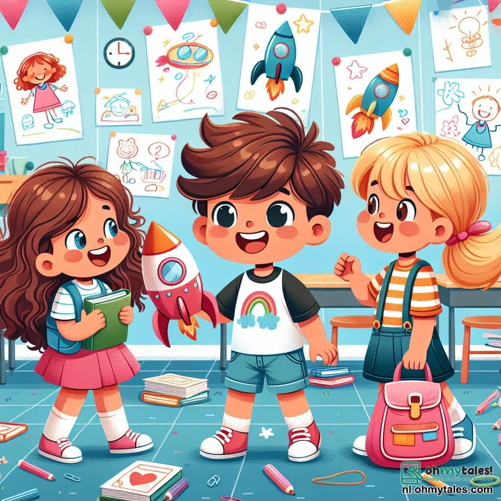 Une illustration sous forme de dessin destinée aux enfants représentant une salle de classe colorée avec des murs décorés de dessins d'enfants, où un garçon de 7 ans aux cheveux bruns et bouclés, portant un T-shirt avec une fusée, sourit joyeusement en tenant un livre, tandis qu'à ses côtés, une fille aux cheveux longs et blonds, avec une grande sacoche rose, et un garçon aux cheveux courts et châtains, portant un t-shirt à rayures, échangent des idées pour construire une fusée en papier, illustrant l'excitation et l'amitié qui naissent lors de leur première journée d'école.