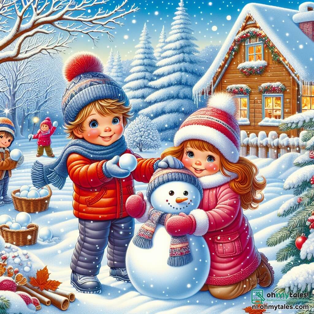Illustratie van een vrolijke winterse scène in een met glinsterende sneeuw bedekte tuin. Op de voorgrond bouwt een ongeveer 7-jarige jongen met tousled blond haar een sneeuwman, gekleed in een felrode sneeuwoverall en een blauwe wollen muts. Hij glimlacht en heeft takken als armen en een wortel als neus. Naast hem staat een ongeveer 6-jarig meisje met lange kastanjebruine haren en roze wangen, gekleed in een roze jas en witte handschoenen. Ze houdt een sneeuwbal in haar handen, klaar om te gooien. Op de achtergrond zijn kale bomen bedekt met sneeuw en vallen er zachtjes vlokken uit de heldere blauwe lucht. Een houten huis met fonkelende kerstverlichting is zichtbaar, wat een warme sfeer aan de scène toevoegt. De tuin is bezaaid met bladeren en takken, wat getuigt van de voorbereidingen voor de winter. De sfeer is vrolijk en feestelijk, wat de geest van de winter en vriendschap vastlegt.