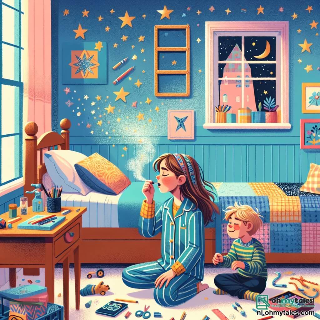 Illustratie van een warme en uitnodigende kinderkamer, met pastelblauwe muren en gouden sterren op het plafond geplakt. Een knus bed is bedekt met een kleurrijke dekbed, en een houten bureau is vol boeken en potloden. In het midden van de afbeelding zit een 11-jarig meisje met lange bruine haren en sprankelende ogen op haar bed. Ze draagt een gestreepte pyjama en heeft een vastberaden blik op haar gezicht. Ze ademt diep in, met gesloten ogen, alsof ze probeert haar angst voor het donker te overwinnen. Naast haar speelt een 6-jarig jongetje met rommelig blond haar en een ondeugende glimlach met een klein plastic autootje, zich niet bewust van de angst van zijn zus. Hij zit op de grond, omringd door verspreid liggend speelgoed, wat een vleugje lichtheid aan de scène toevoegt. De hoofdscene toont het meisje dat zich concentreert op haar ademhaling, omgeven door de zachte duisternis van de nacht, terwijl een zacht licht door het raam filtert en de kamer lichtjes verlicht. Schaduwen dansen op de muren en creëren mysterieuze vormen die tot leven lijken te komen. Sterren schitteren aan de buitenkant en voegen een vleugje magie aan de sfeer toe.
