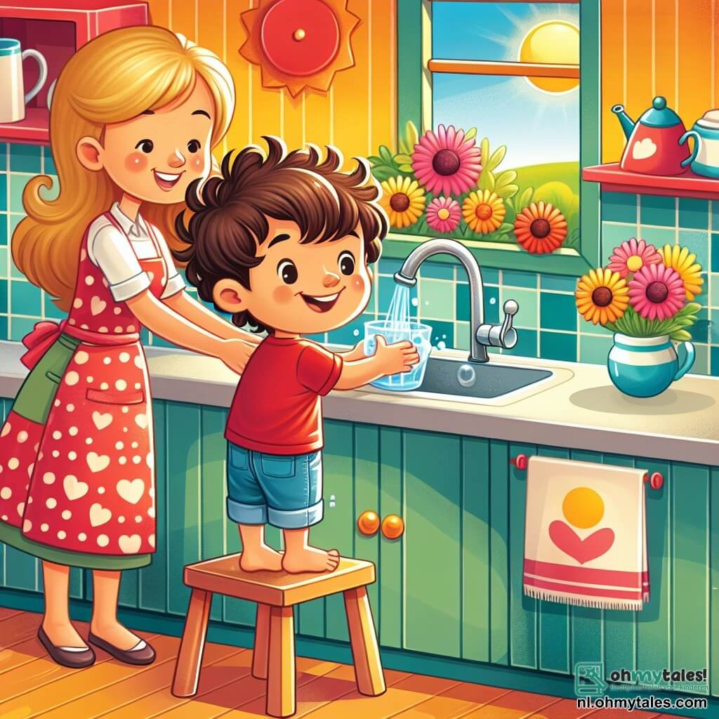 Une illustration sous forme de dessin destinée aux enfants représentant une cuisine ensoleillée avec des murs colorés, où un garçon de 5 ans aux cheveux bruns et bouclés, portant un T-shirt rouge, se tient sur un petit tabouret en train de laver des assiettes dans l'évier, tandis qu'une femme souriante, sa mère, aux cheveux longs et blonds, l'observe avec fierté, entourée de fleurs colorées dans un vase, illustrant la joie et l'amour partagés lors de la fête des mères.