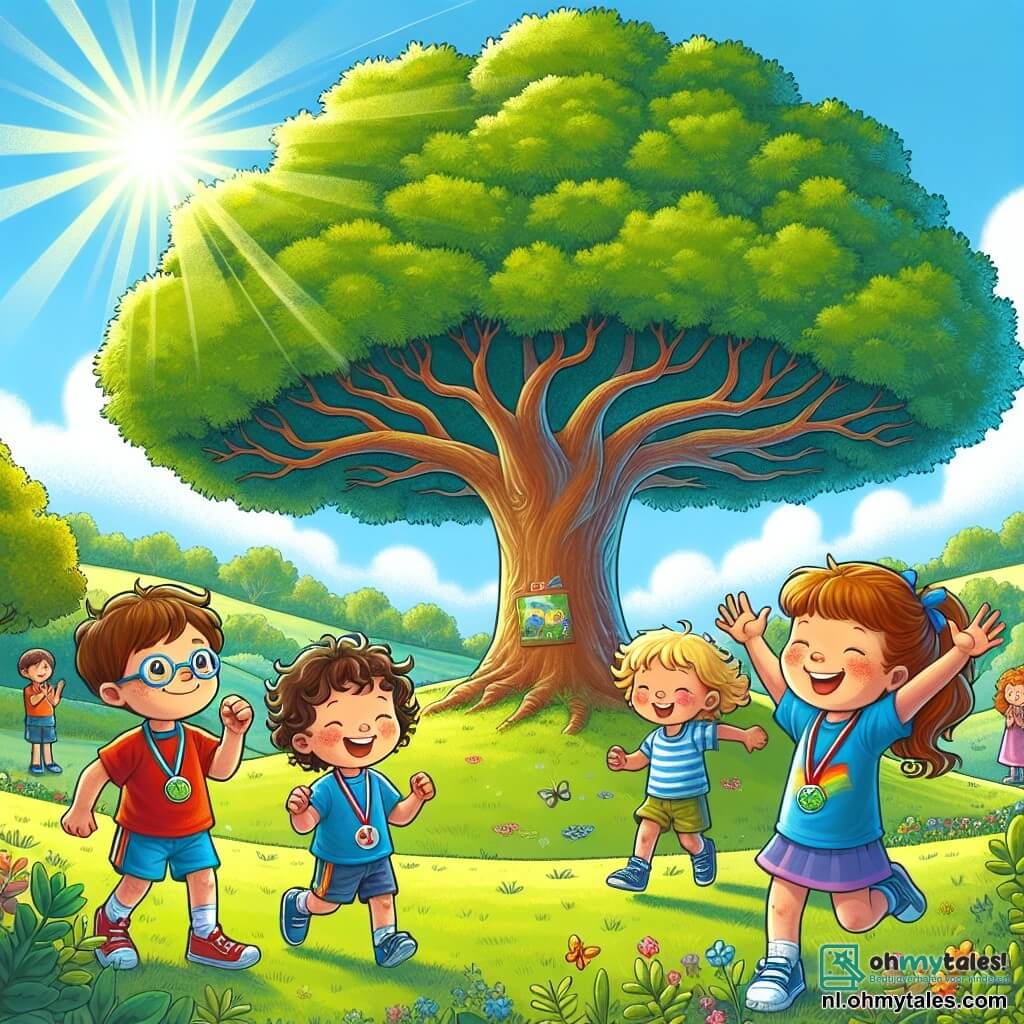 Illustratie van een zonnig park met een grote, majestueuze eik in het midden, zijn glanzende groene bladeren tegen de blauwe lucht. Op de grond is het gras helder groen, bezaaid met kleine kleurrijke bloemen. Drie kinderen zijn aanwezig: een vierjarig jongetje met bruin haar en een bril, gekleed in een rood t-shirt en blauwe shorts, die glimlacht terwijl hij zijn armen in de lucht steekt als teken van overwinning. Naast hem staat een ander vierjarig jongetje met blond haar, gekleed in een blauw t-shirt en gele shorts, die iets buiten adem is maar straalt van geluk. Ten slotte applaudisseert een vierjarig meisje met kastanjebruin haar in twee staarten, gekleed in een roze jurk, enthousiast om haar vrienden aan te moedigen. De scène toont de kinderen die net een race naar de grote eik hebben voltooid, allemaal glimlachend en trots dat ze het samen hebben gehaald. Zonnestralen filteren door de takken van de boom, wat een vrolijke en warme sfeer creëert. Op de achtergrond zijn andere kinderen te zien die spelen en vlinders die rond de bloemen fladderen, wat een vleugje magie toevoegt aan deze mooie dag van vriendschap en zelfvertrouwen.