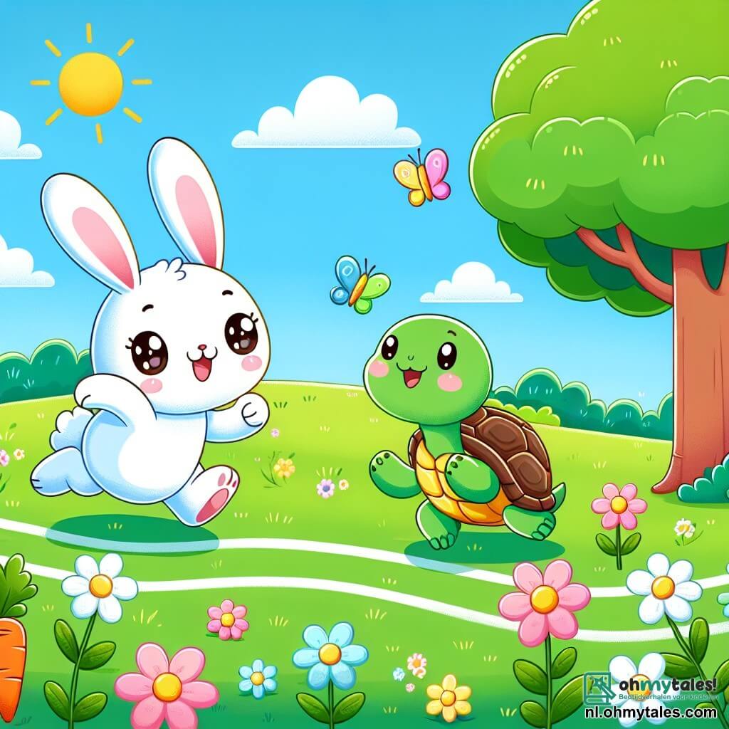 Une illustration sous forme de dessin destinée aux enfants représentant une vaste et ensoleillée prairie parsemée de fleurs colorées, où un adorable lapin à la fourrure blanche et aux grands yeux curieux saute joyeusement, tandis qu'à ses côtés, un gentil petit tortue au carapace verte avance lentement avec un sourire, alors qu'ils s'apprêtent à courir ensemble vers un grand arbre qui marque la ligne d'arrivée d'une course amicale, entourés de carottes géantes et de papillons virevoltant dans l'air.