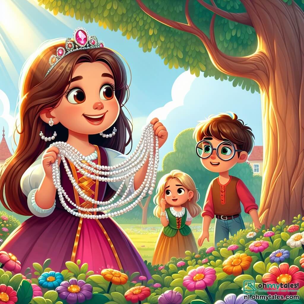 Une illustration sous forme de dessin destinée aux enfants représentant un parc ensoleillé avec une grande arbre verdoyant, où une fille de 7 ans aux cheveux longs et bruns, portant une robe colorée, tient une magnifique chaîne de perles scintillantes dans ses mains, tandis qu'à ses côtés, un garçon aux lunettes et une fille courageuse aux cheveux courts et blonds, tous deux souriants, regardent avec curiosité la chaîne, illustrant leur quête pour retrouver le propriétaire des perles perdues, entourés de fleurs colorées et d'une ambiance joyeuse et aventureuse.