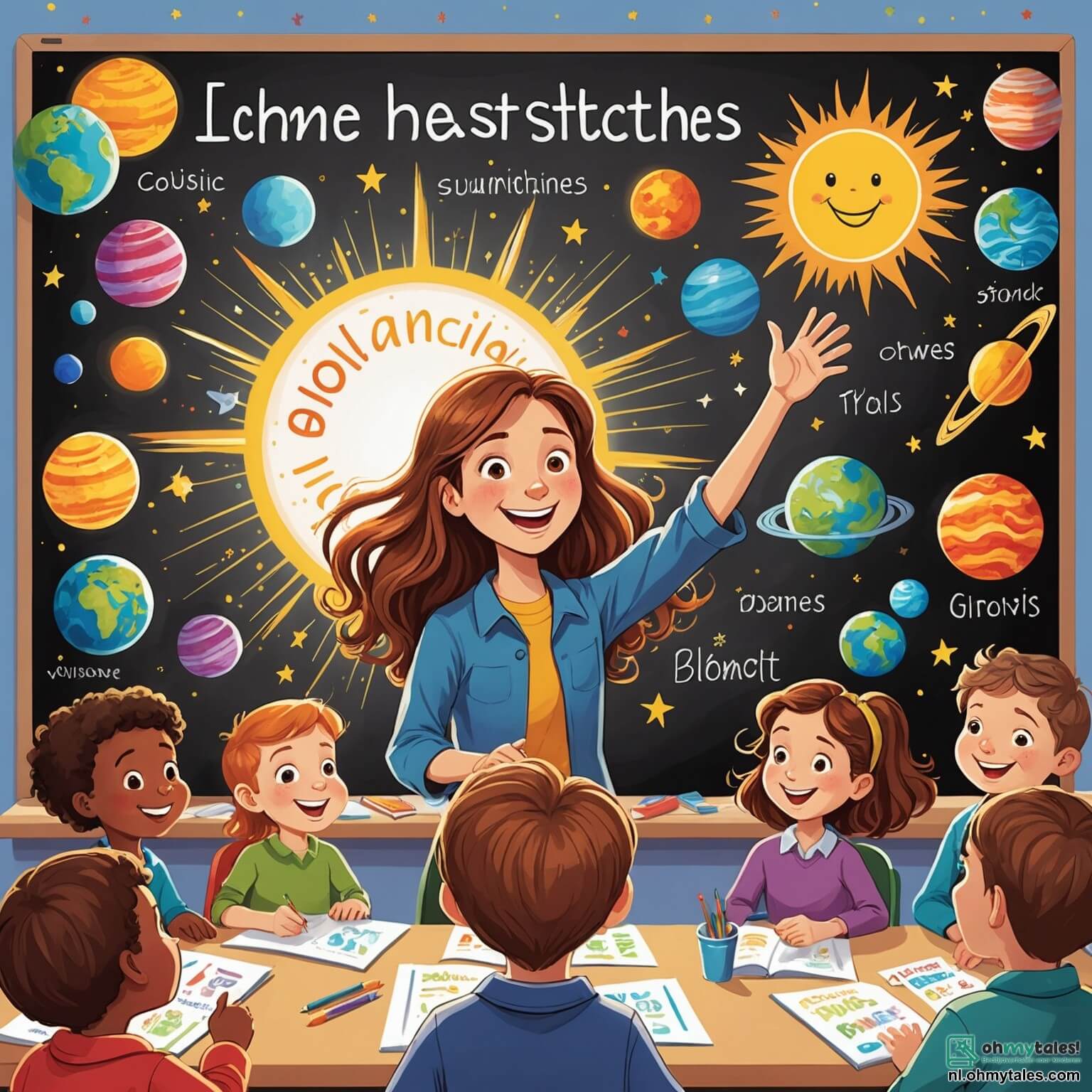 Une illustration destinée aux enfants représentant une institutrice au sourire chaleureux, avec de longs cheveux châtains flottant comme des rayons de soleil, se tenant devant un tableau noir rempli de dessins colorés et de mots magiques, entourée d'une joyeuse bande de garçons et de filles aux yeux pétillants d'enthousiasme, dans une salle de classe lumineuse où les murs sont ornés de posters d'animaux et de planètes, et où des rayons de lumière filtrent à travers les fenêtres, illuminant les bureaux en bois usés par le temps, alors qu'elle les invite à plonger dans un monde d'aventures et de découvertes, tout en leur enseignant l'importance de l'amitié et de la créativité.