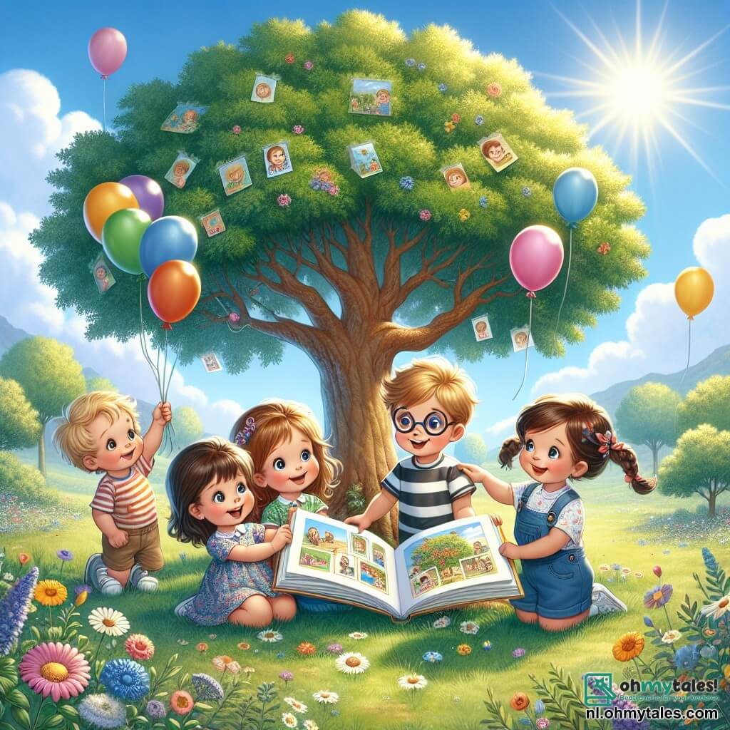 Illustratie van een zonnig park met een grote, majestueuze boom met groen loof, waarvan de takken wijd uitgestrekt zijn en een zachte schaduw op de grond creëren. Aan de voet van de boom staat een groep van vier kinderen. Een zesjarig meisje met lange, bruine haren en sprankelende ogen houdt een boek vol kleurrijke tekeningen vast. Naast haar staat een zesjarig jongetje met blond haar en ronde bril, die glimlacht terwijl hij een ballon vasthoudt die de lucht in stijgt. Een ander zesjarig meisje met vlechten en een bloemenjurk kijkt aandachtig naar het boek, terwijl een zesjarig jongetje met kastanjebruin haar en een gestreept t-shirt met zijn vinger naar een illustratie wijst. De hoofdscène toont de kinderen die een herinneringsboek aan de voet van de boom leggen ter nagedachtenis aan een geliefde grootvader. Kleurrijke ballonnen drijven in de blauwe lucht, wat liefde en herinneringen symboliseert. Wilde bloemen omringen de boom en voegen kleur en leven toe aan de scène. De sfeer is zacht en emotioneel, met een mengeling van vreugde en melancholie, die het thema van herinnering en liefde dat voortduurt na verlies, illustreert.