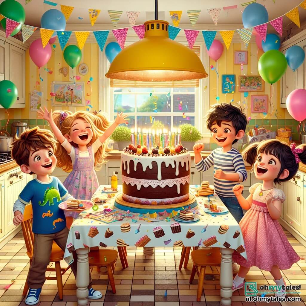 Illustratie van een vrolijke verjaardags scène in een lichte en kleurrijke keuken. De muren zijn geschilderd in pastelgeel, versierd met papieren slingers en meerkleurige ballonnen die aan het plafond zweven. Een grote houten tafel is bedekt met een tafelkleed met taartmotieven, met een enorme chocoladetaart versierd met fonkelende kaarsjes in het midden.

Een twaalfjarig jongen met rommelig bruin haar en een blauwe T-shirt met dinosaurussen glimlacht enthousiast terwijl hij een bord met taart vasthoudt. Naast hem staat een twaalfjarig meisje met lang blond haar in een roze jurk dat in lachen uitbarst terwijl ze een confettikanon vasthoudt. Een andere twaalfjarige jongen met zwart haar en een bril kijkt met grote ogen en houdt een kleurrijk cadeau vast. Ten slotte leunt een twaalfjarig meisje met kastanjebruin haar en twee staartjes naar voren, met haar handen op haar heupen, klaar om plezier te maken.

De belangrijkste situatie toont de kinderen die samen vieren, omringd door gelach en vreugde, terwijl ze zich voorbereiden om de verjaardagstaart te proeven. Flonkerende confetti zweeft in de lucht, wat een feestelijke sfeer toevoegt. Elementen zoals kleurrijke borden, sapglazen en kleine cadeaus zijn verspreid om hen heen, wat de opwinding van deze speciale dag benadrukt.