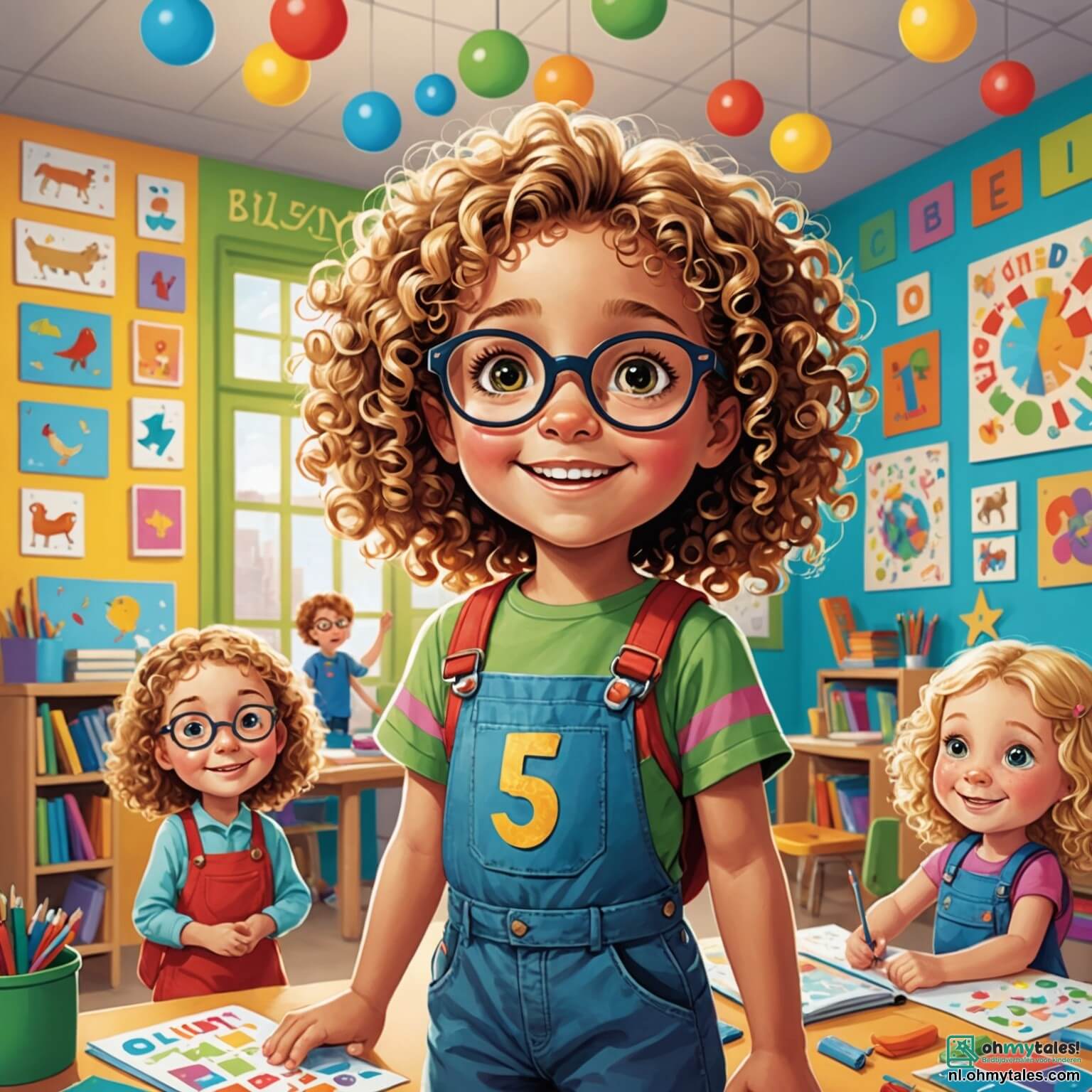 Une illustration destinée aux enfants représentant une petite fille aux cheveux bouclés et aux yeux pétillants, pleine de curiosité et de joie, se tenant au milieu d'une salle de classe colorée, où les murs sont ornés de dessins d'animaux et de lettres colorées, entourée de ses camarades de classe, une autre fille aux cheveux blonds qui rit aux éclats et un garçon aux lunettes qui s'active à construire une tour de blocs, tandis qu'une douce lumière filtre à travers les fenêtres, illuminant les sourires et les éclats de rire, alors qu'elle cherche à se faire de nouveaux amis et à partager des moments de joie dans cet univers d'apprentissage vibrant et chaleureux.