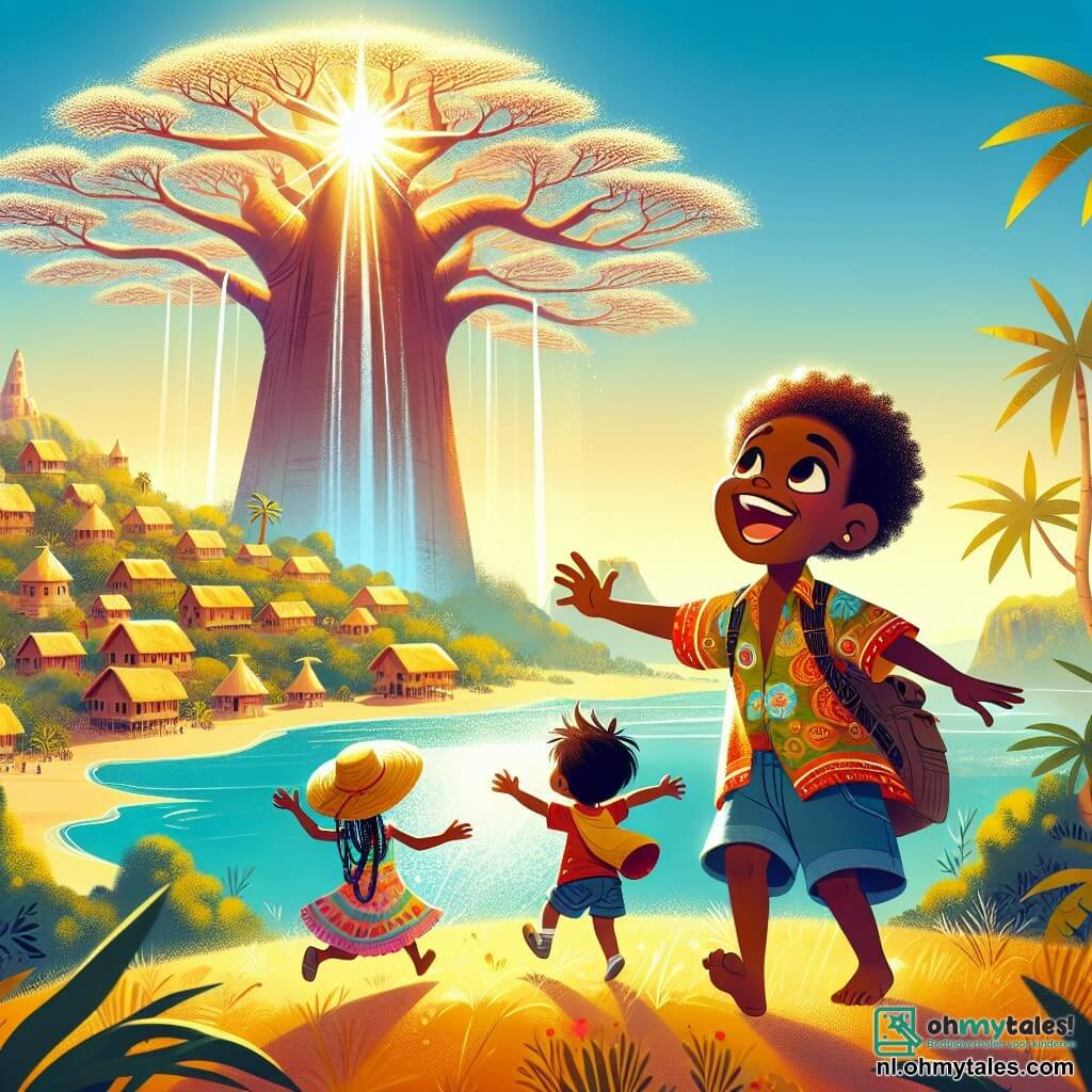 Une illustration sous forme de dessin destinée aux enfants représentant une grande baobabboom majestueus in een zonnig Afrikaans dorp, où un jeune homme souriant avec des cheveux crépus et une chemise colorée, debout sur une colline, regarde émerveillé une magnifique cascade scintillante, tandis que deux enfants, une fille avec des tresses et une robe vibrante, et un garçon avec un chapeau en paille et un short, rient et jouent autour de lui, capturant l'esprit d'aventure et de camaraderie de leur journée magique ensemble.