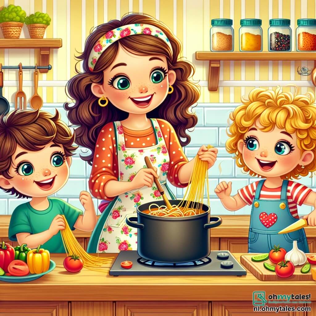 Une illustration sous forme de dessin destinée aux enfants représentant une cuisine chaleureuse et colorée, avec des murs peints en jaune et des étagères remplies de pots d'épices, où une femme souriante aux cheveux bruns et bouclés, portant un tablier à fleurs, montre aux enfants comment préparer des spaghetti, tandis qu'un garçon aux yeux pétillants et une fille aux cheveux blonds et frisés, tous deux en schorts, s'affairent joyeusement à couper des légumes et à mélanger des ingrédients dans une grande casserole, créant une atmosphère de camaraderie et de créativité culinaire.