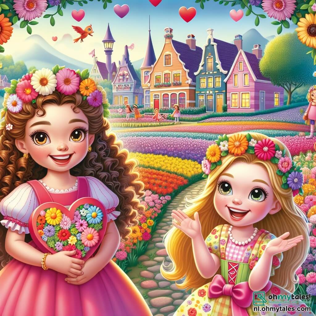 Une illustration sous forme de dessin destinée aux enfants représentant un magnifique champ de fleurs colorées dans le village enchanté de Bloemenwoud, où une fille de 10 ans aux cheveux bouclés et aux yeux pétillants, vêtue d'une robe rose, sourit joyeusement en tenant une lettre en forme de cœur, tandis qu'à ses côtés, une autre fille aux cheveux longs et blonds, portant une couronne de fleurs, l'encourage avec enthousiasme, alors qu'elles préparent ensemble une fête de la Saint-Valentin pour rassembler leurs amis dans une atmosphère magique pleine de rires et de couleurs.