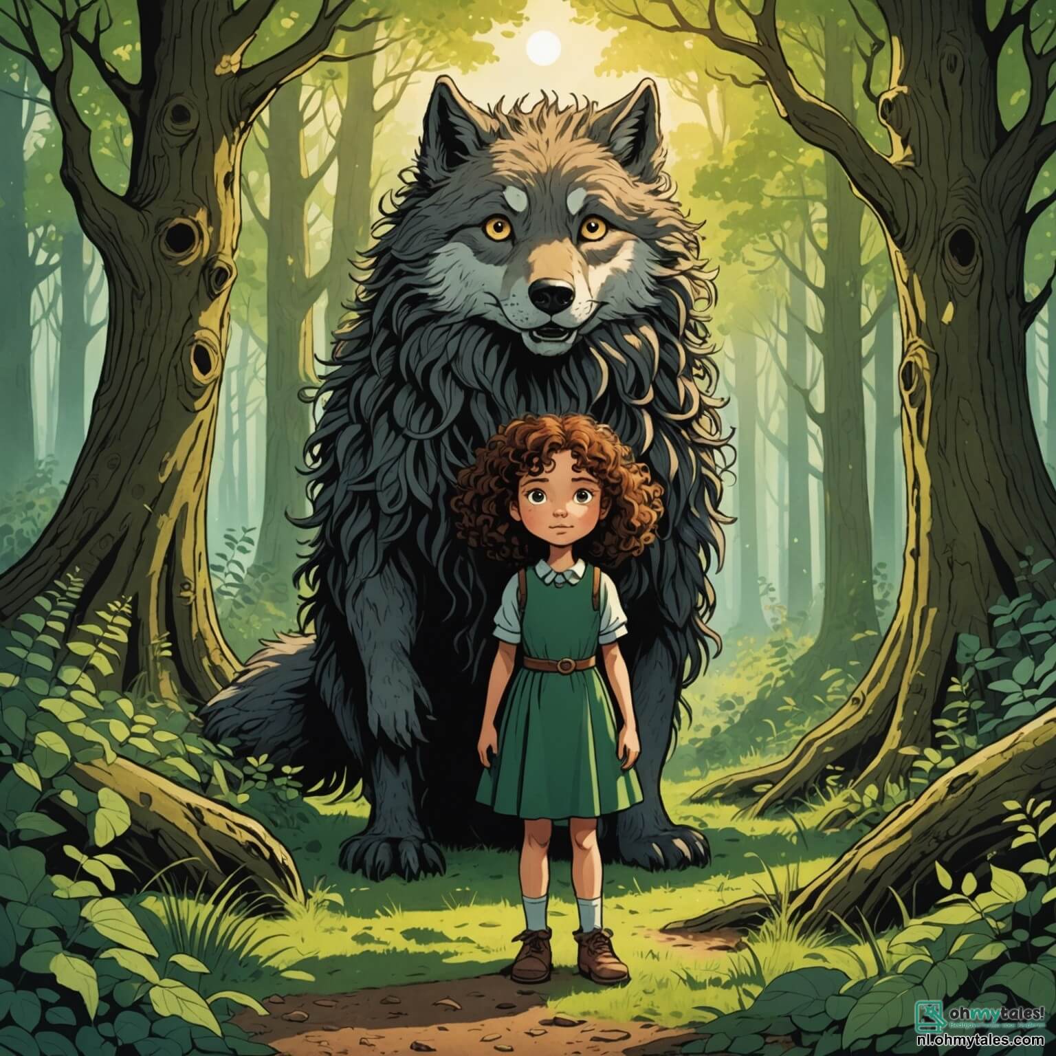 Une illustration destinée aux enfants représentant une petite fille courageuse aux cheveux bouclés et aux yeux pétillants, se tenant fièrement au milieu d'une clairière ensoleillée d'une forêt enchantée où les arbres majestueux, aux troncs noueux et aux feuilles verdoyantes, forment un abri naturel, tandis qu'un grand méchant loup à la fourrure sombre et aux yeux perçants se cache derrière un buisson, prêt à semer la peur, tandis que des animaux du bois, tels qu'un renard rusé et un hibou sage, l'observent avec inquiétude, se demandant si cette intrépide petite fille parviendra à déjouer les plans du loup et à ramener la paix dans leur monde.