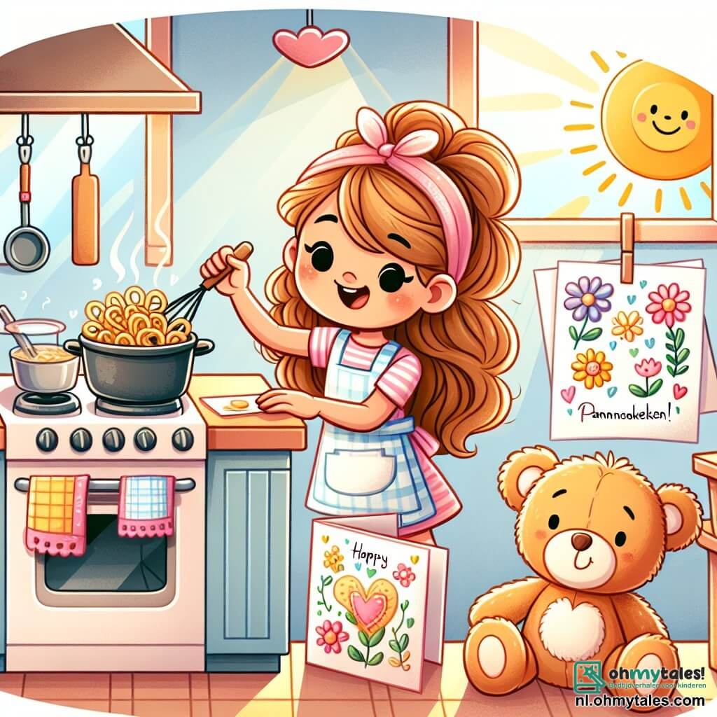Une illustration sous forme de dessin destinée aux enfants représentant une cuisine ensoleillée, avec une petite fille de 5 ans aux cheveux longs et bouclés, souriante, qui prépare des pannenkoeken sur une cuisinière, tandis qu'un teddy bear en peluche, assis sur la table, semble l'encourager, et une carte colorée avec des dessins de fleurs et de cœurs est posée à côté d'elle, symbolisant son amour pour sa maman en ce jour spécial de la fête des mères.
